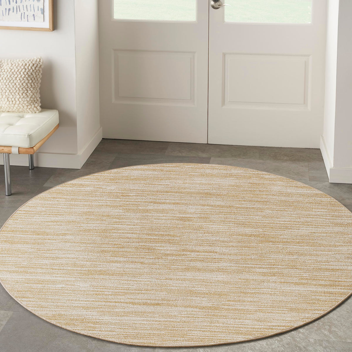 Nourison Essentials Indoor/Outdoor Ivory Gold 8' X Round Area Rug, Easy Cleaning, Non Shedding, Bed Room, Living Room, Dining Ro