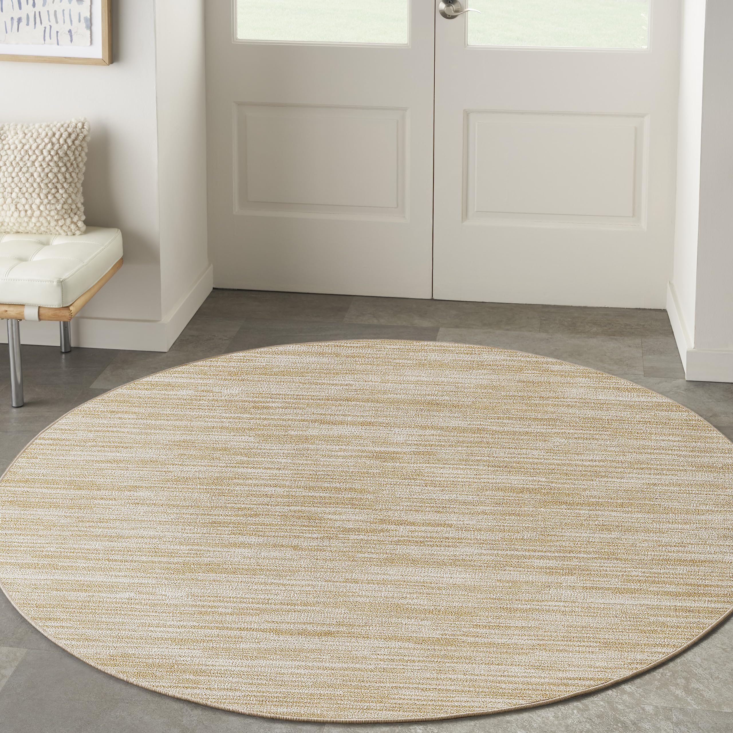 Nourison Essentials Indoor/Outdoor Ivory Gold 4 x Round Area Rug, Easy Cleaning, Non Shedding, Bed Room, Living Room, Dining Ro