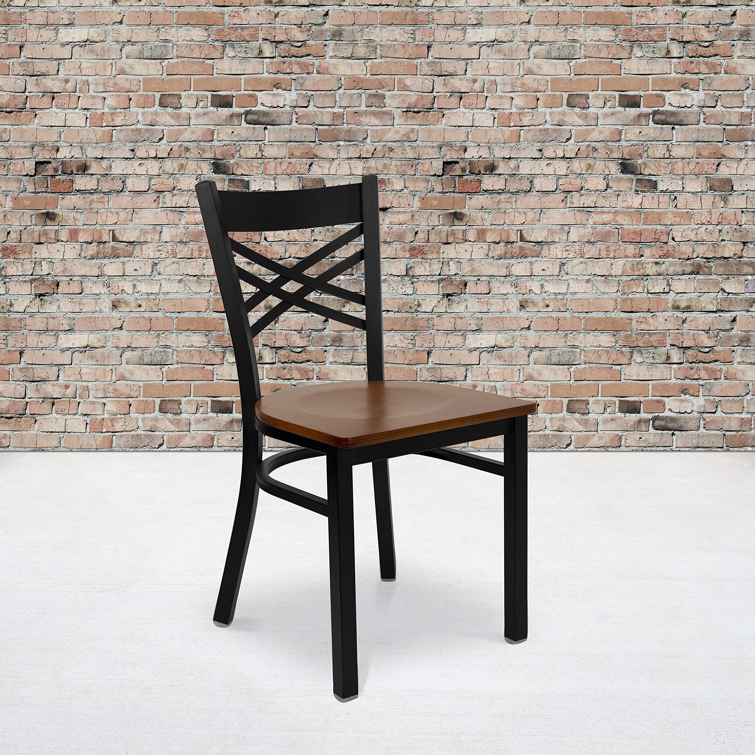 Flash Furniture Hercules Series Black ''X'' Back Metal Restaurant Chair - Cherry Wood Seat