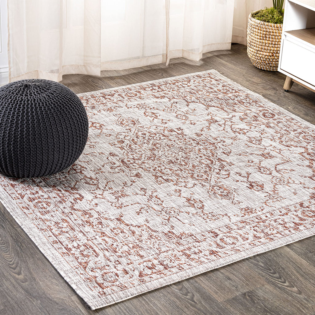 Jonathan Y Smb102A-5Sq Rozetta Boho Medallion Textured Weave Indoor Outdoor Area Rug Coastal Bohemian Rustic Glam Easy Cleaning Bedroom Kitchen Backyard Patio Non Shedding, 5' Square, Red/Taupe