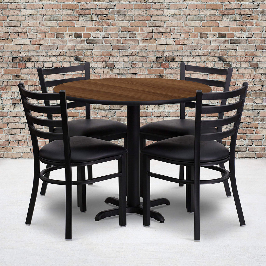 Flash Furniture Carlton 36'' Round Walnut Laminate Table Set with X-Base and 4 Ladder Back Metal Chairs - Black Vinyl Seat