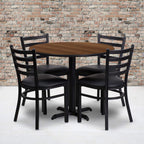Flash Furniture Carlton 36'' Round Walnut Laminate Table Set with X-Base and 4 Ladder Back Metal Chairs - Black Vinyl Seat