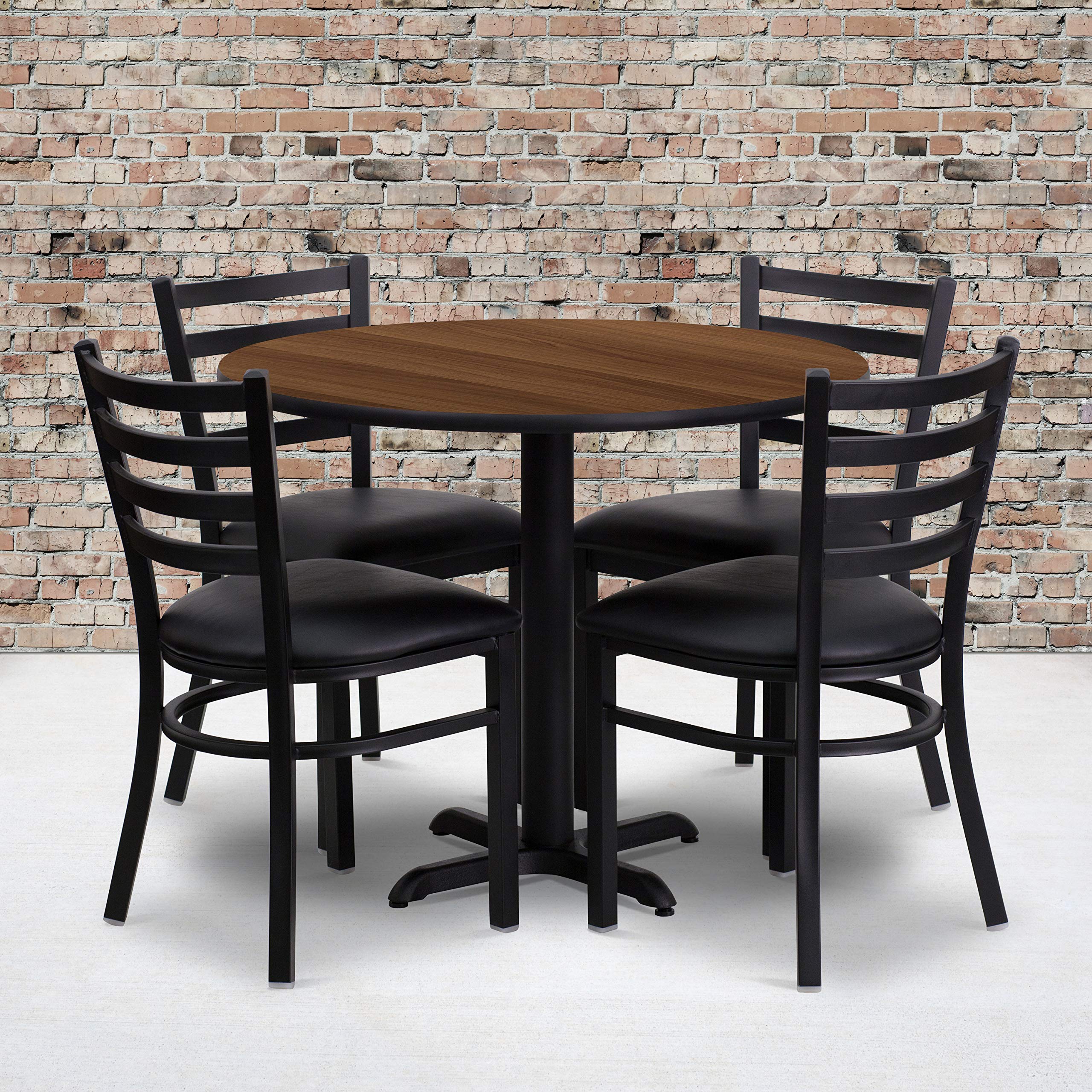 Flash Furniture Carlton 36'' Round Walnut Laminate Table Set with X-Base and 4 Ladder Back Metal Chairs - Black Vinyl Seat