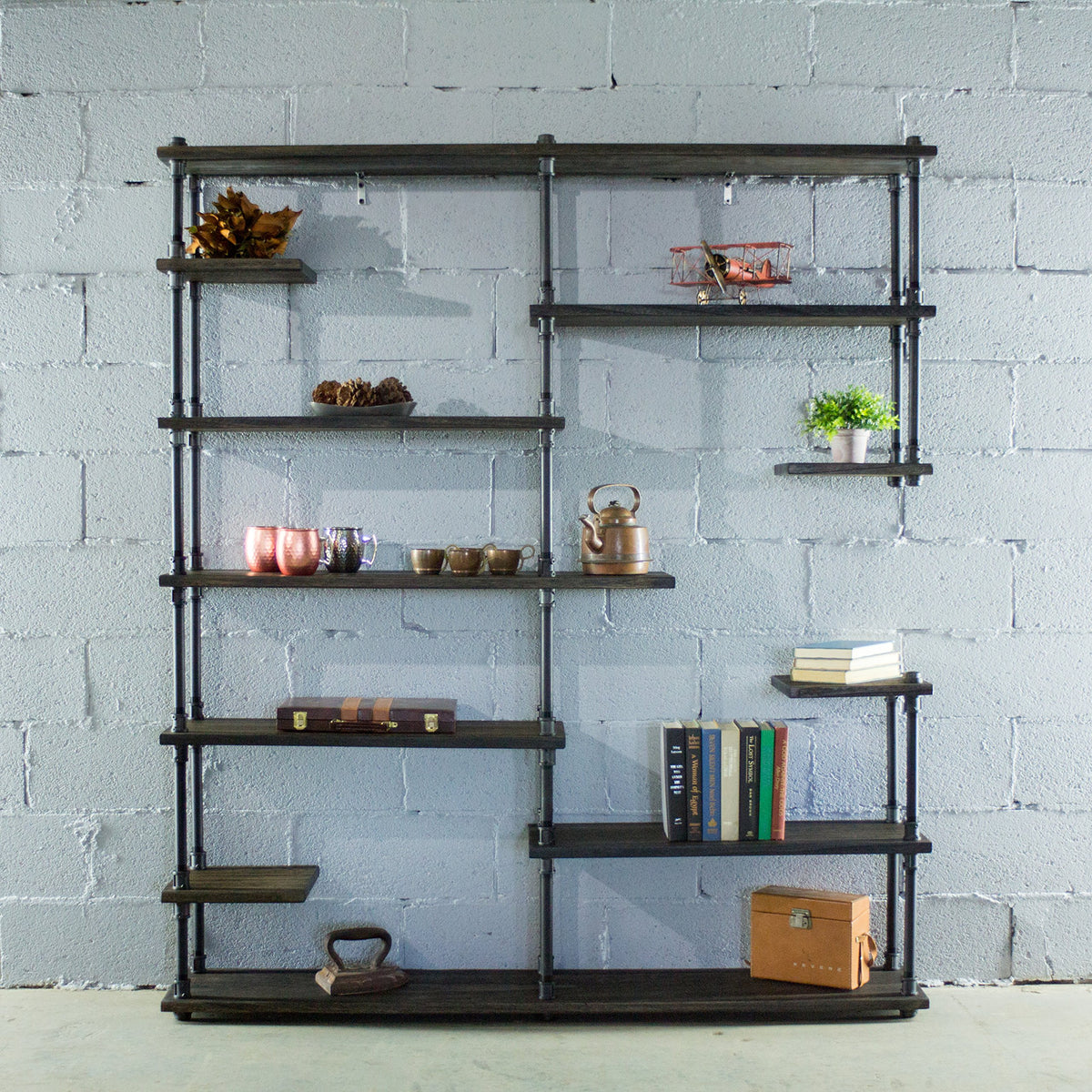 Os Home And Office 64&quot; Large 11-Shelf Pipe Bookcase Black Steel Combo With Dark Brown Stained Wood