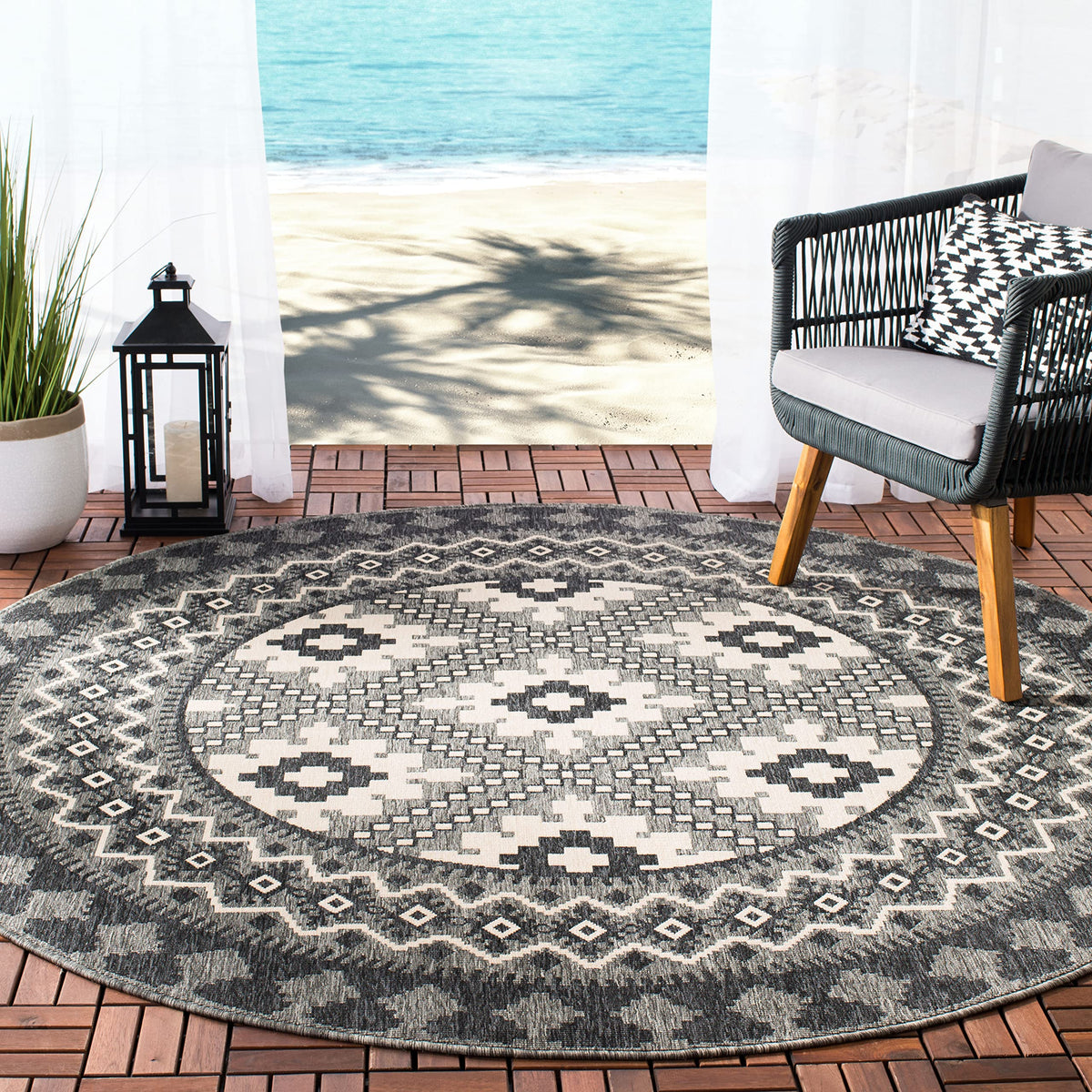 Safavieh Veranda Collection 3' Round Ivory/Charcoal Ver099 Boho Indoor/ Outdoor Non-Shedding Easy Patio Backyard Porch Deck Mudr