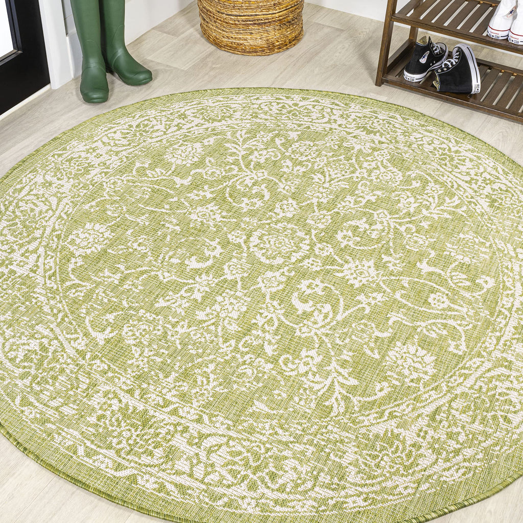 Jonathan Y Smb100D-5R Tela Bohemian Textured Weave Floral Indoor Outdoor Area-Rug, Coastal, Traditional, Transitional Easy-Cleaning,Bedroom,Kitchen,Backyard,Patio,Non Shedding, Green/Cream, 5' Round