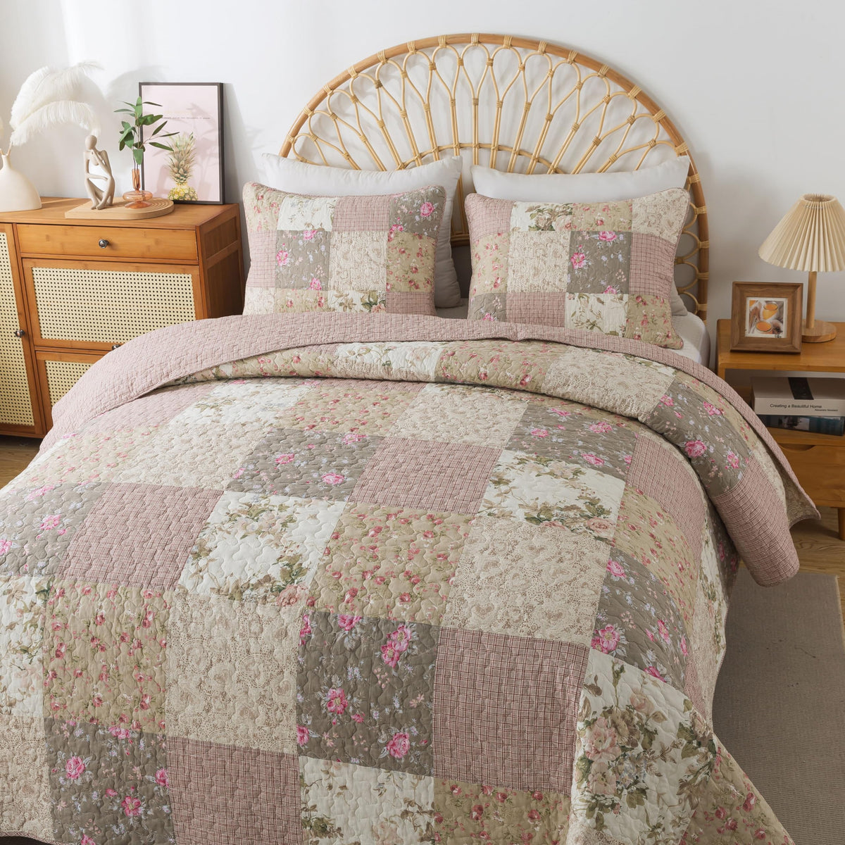 Slpr Secret Garden Patchwork Cotton Pieced Quilt Set - King With 2 Shams, Country Shabby Chic Bedding With Flower Pattern, Pink
