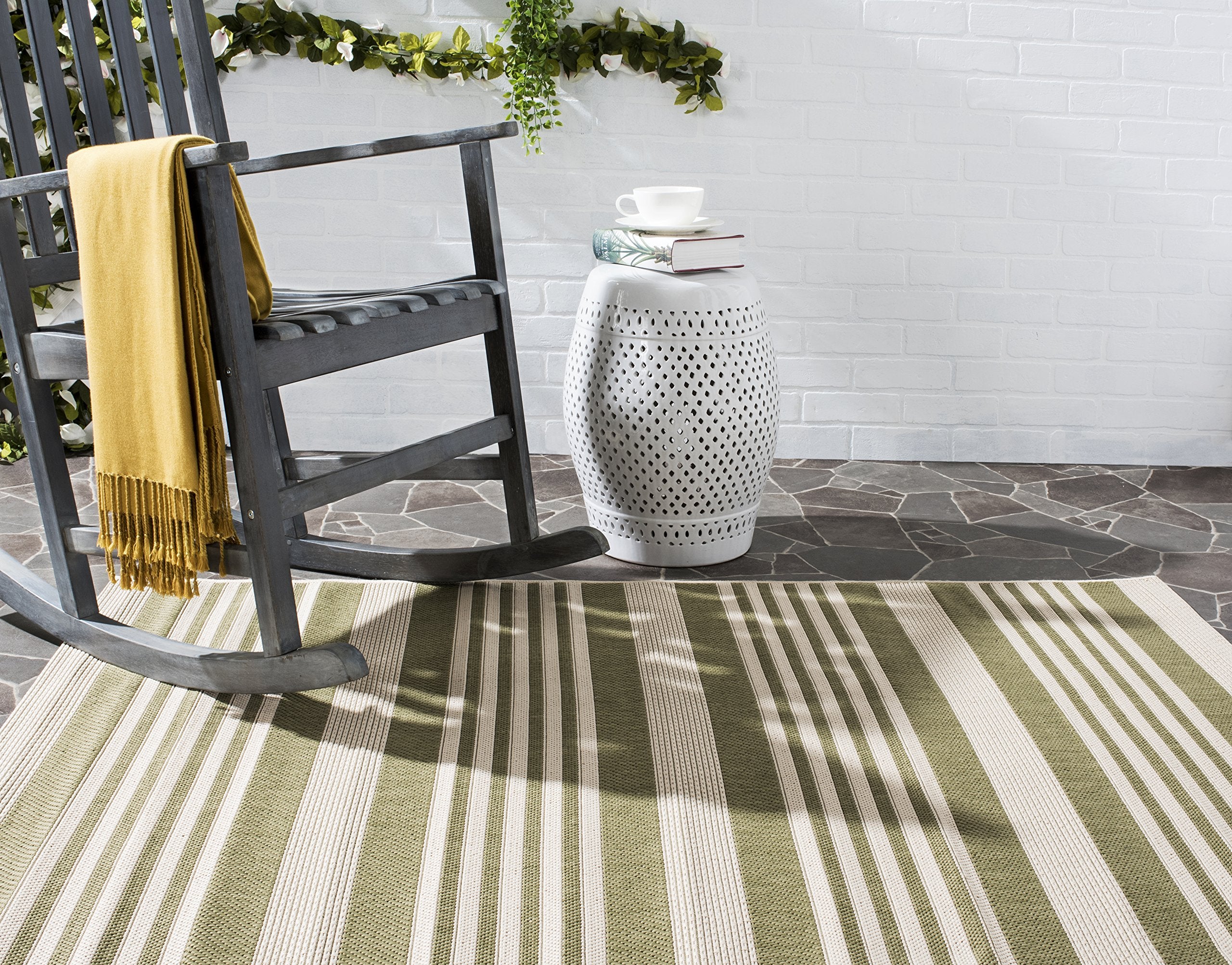 Safavieh Courtyard Collection Accent Rug - 2' X 3'7'', Green & Beige, Stripe Design, Non-Shedding & Easy Care, Indoor/Outdoor &