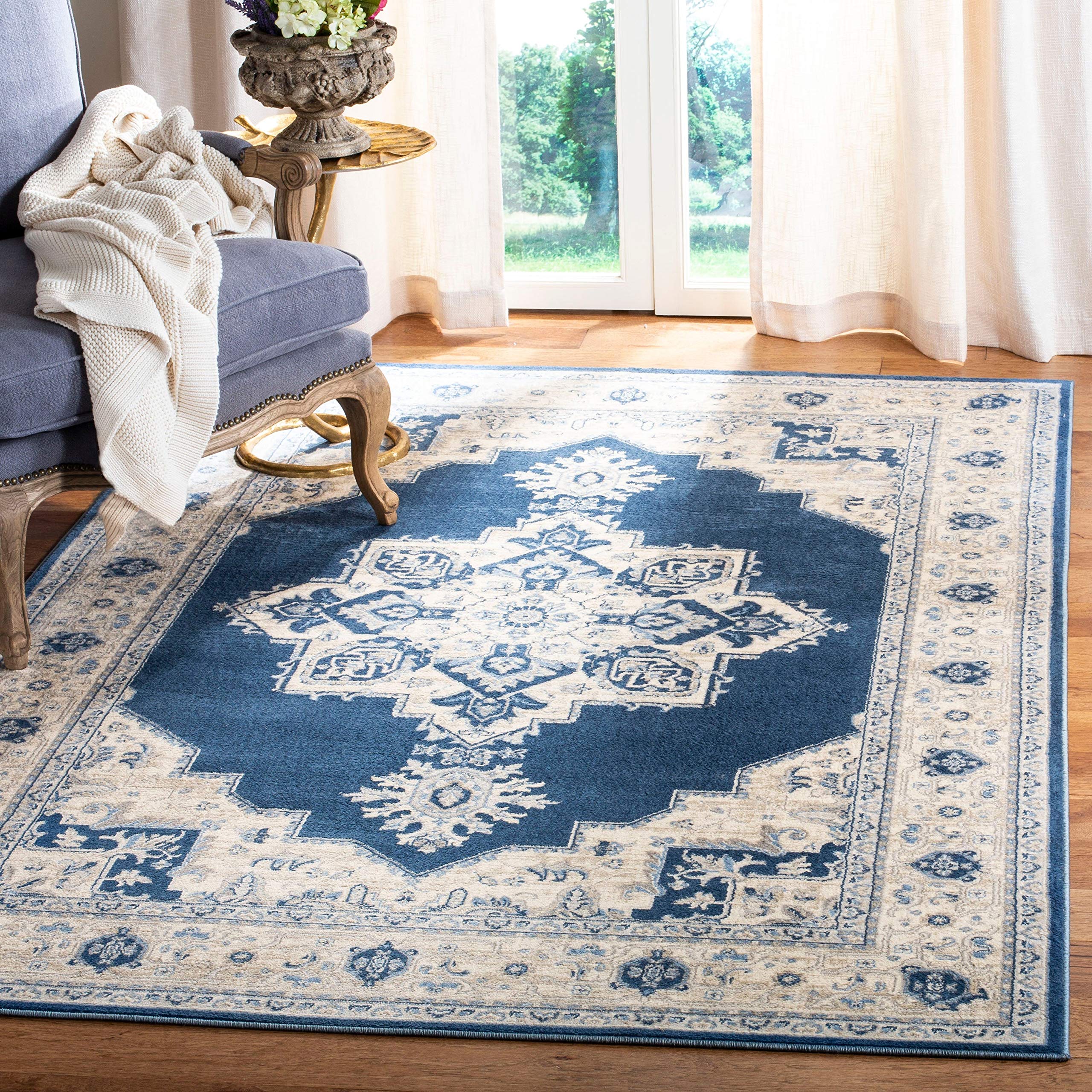 SAFAVIEH Brentwood Collection 3 x 5 Navy / Cream BNT865N Medallion Distressed Non-Shedding Living Room Bedroom Accent Rug