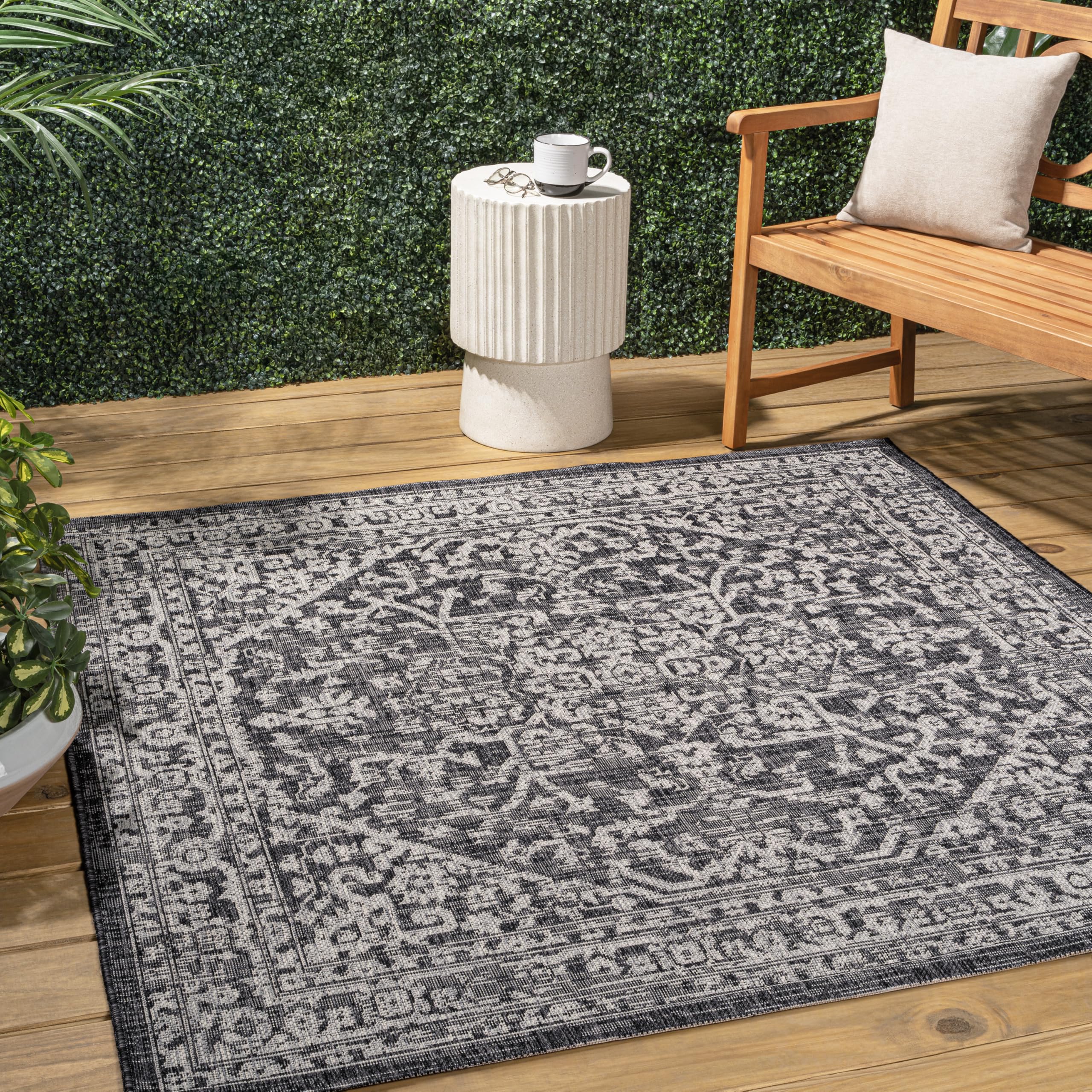 Jonathan Y Smb104C-9Sq Malta Bohemian Medallion Textured Weave Black/Gray 9' Square Indoor/Outdoor Area Rug, Pet Friendly, Non-S