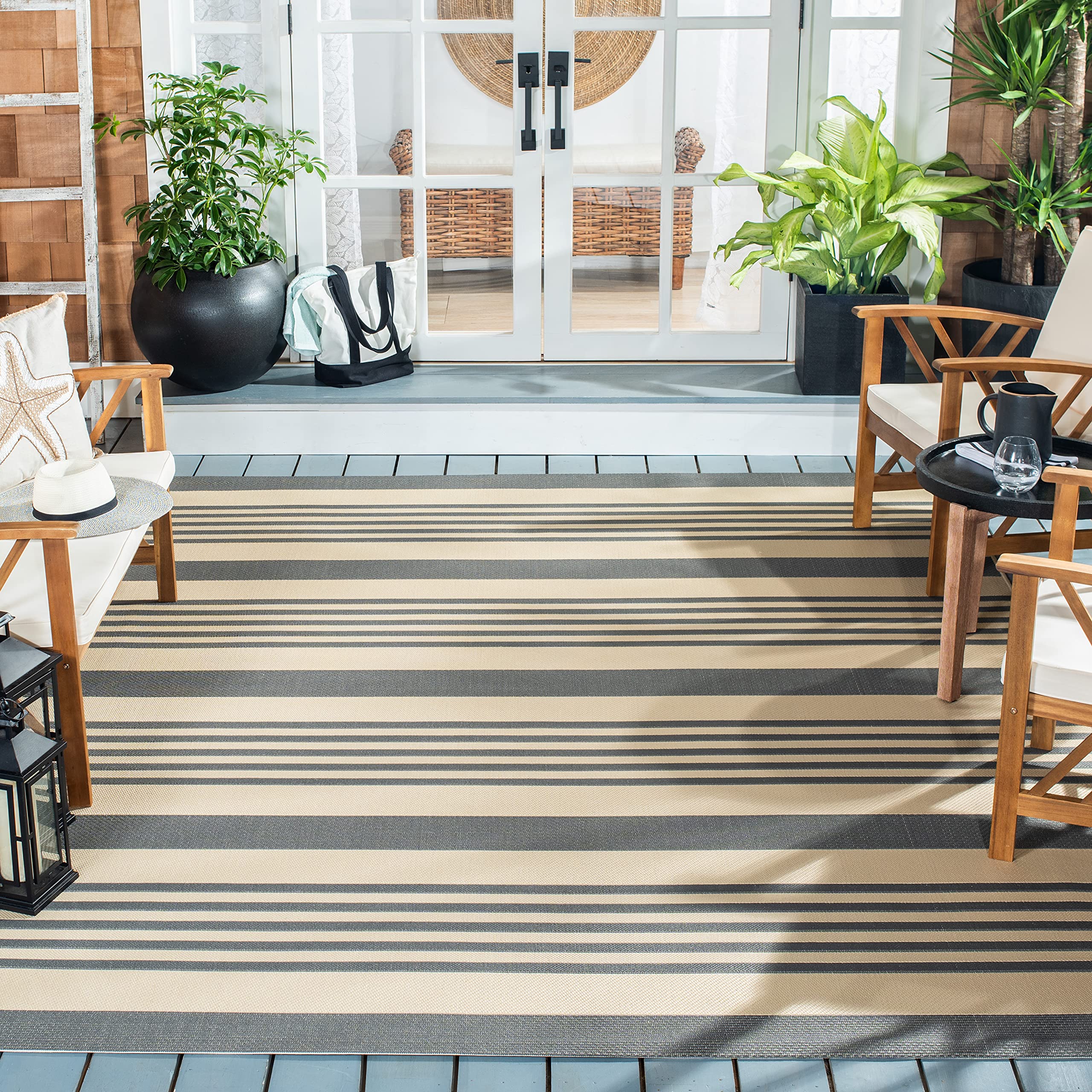 Safavieh Courtyard Collection 7'10'' Square Grey/Bone Cy6062 Stripe Indoor/ Outside Waterproof Easy Cleansingpatio Backyard Mudr