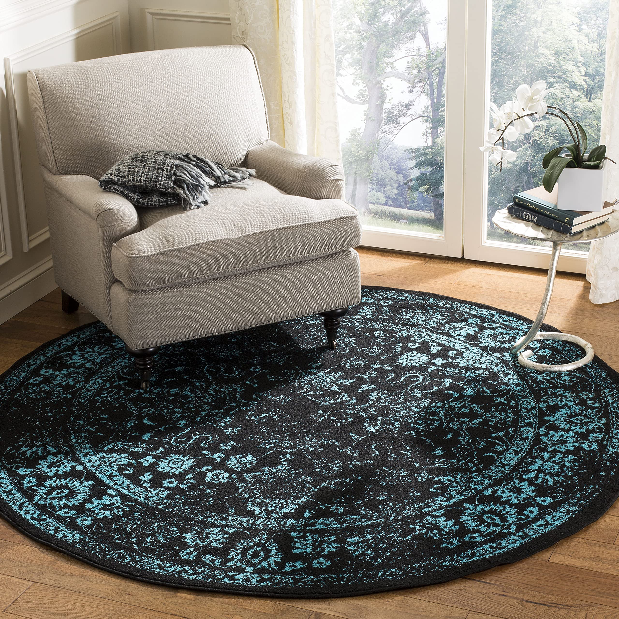 SAFAVIEH Adirondack Collection 8 Round Black/Teal ADR109K Oriental Distressed Non-Shedding Area Rug