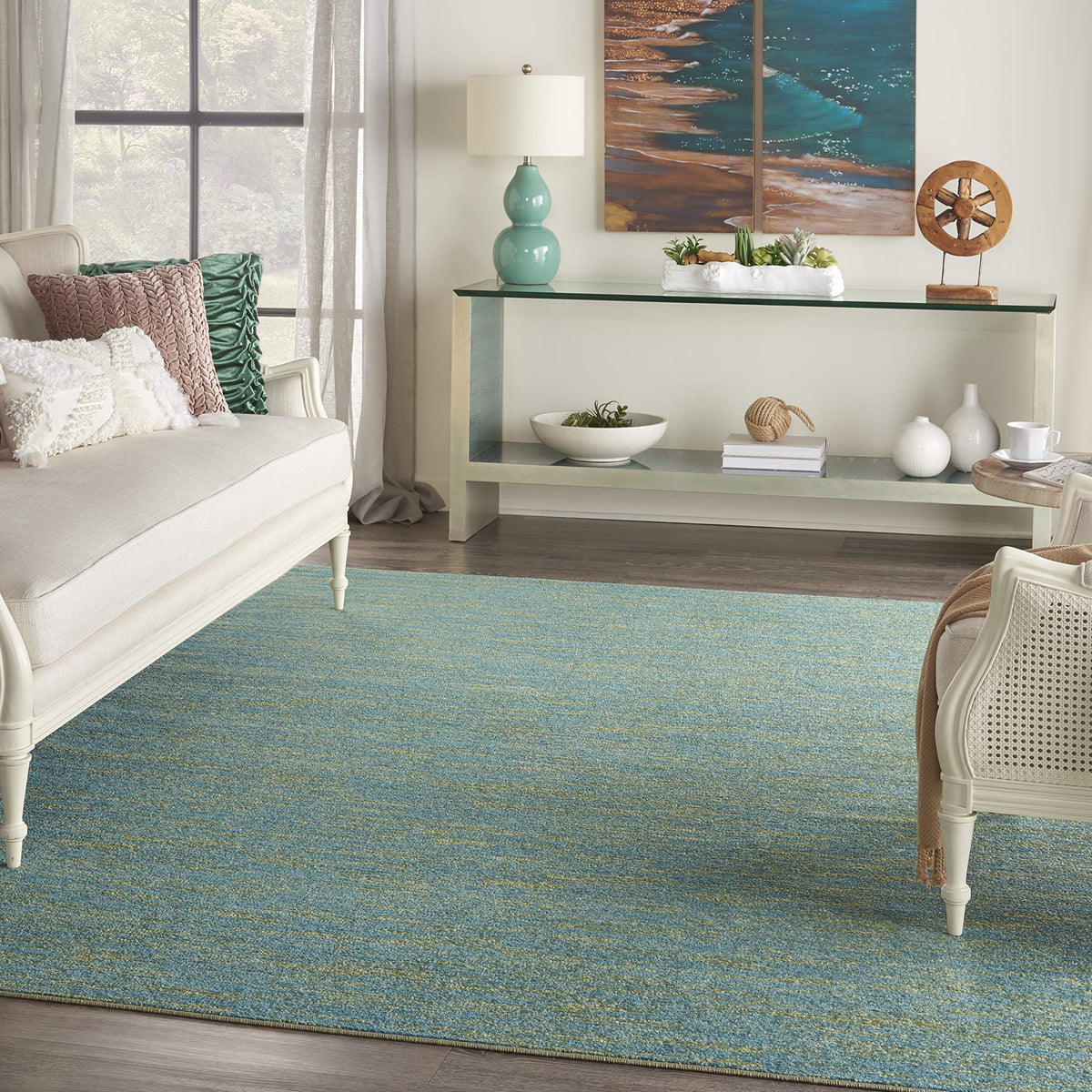 Nourison Essentials Indoor/Outdoor Blue Green 8' X 10' Area Rug, Easy Cleaning, Non Shedding, Bed Room, Living Room, Dining Room