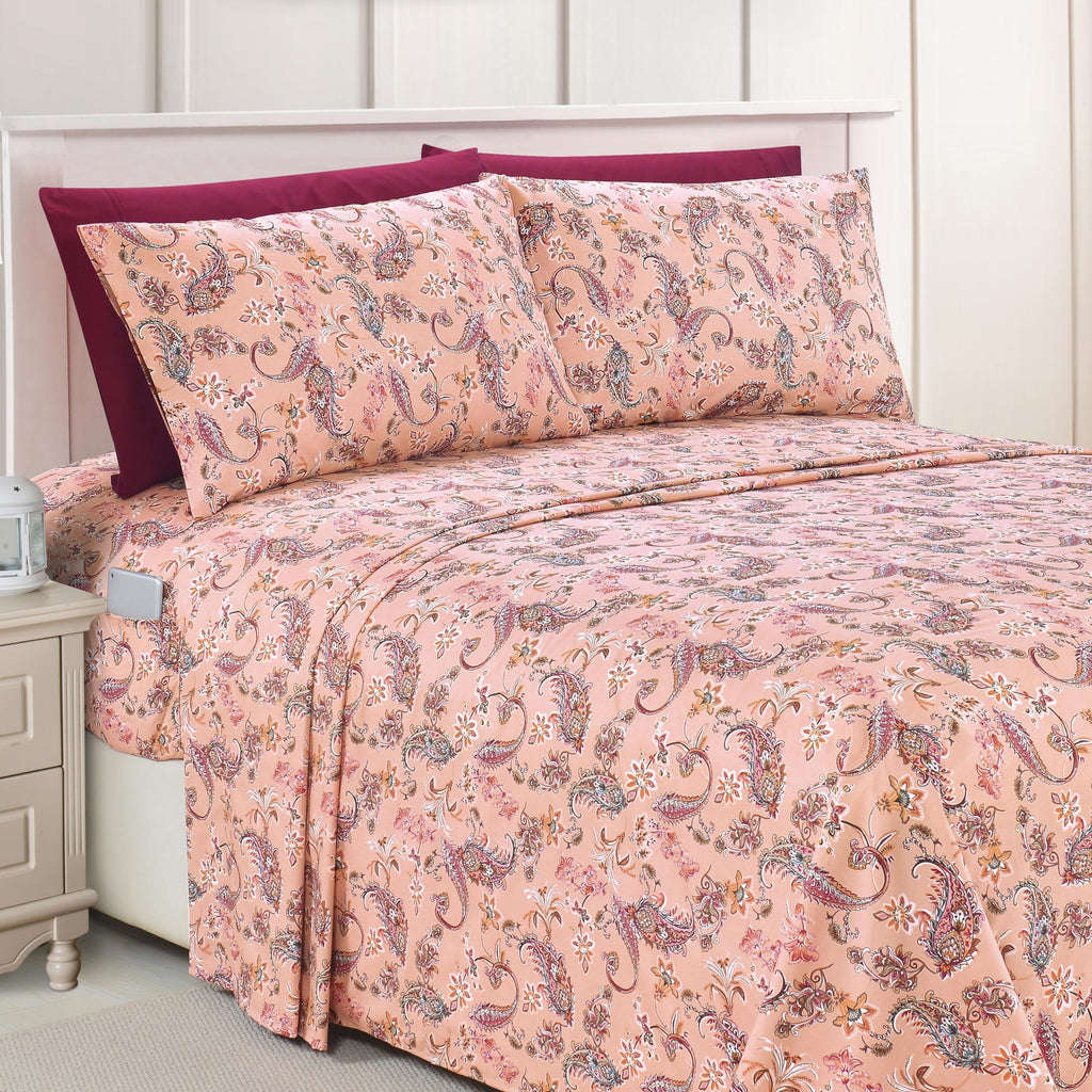 Elegant Comfort Luxury Soft Bed Sheets Paisley Pattern - 1500 Premium Hotel Quality Microfiber Softness Wrinkle And Fade Resistant (4-Piece) Bedding Set, Twin/Twin Xl, Paisley Coral