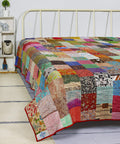 HandicraftPalace Double Kantha Quilted Quilt Blanket Silk Patchwork Bedspread Gudri (Red_110 X90 Inch)