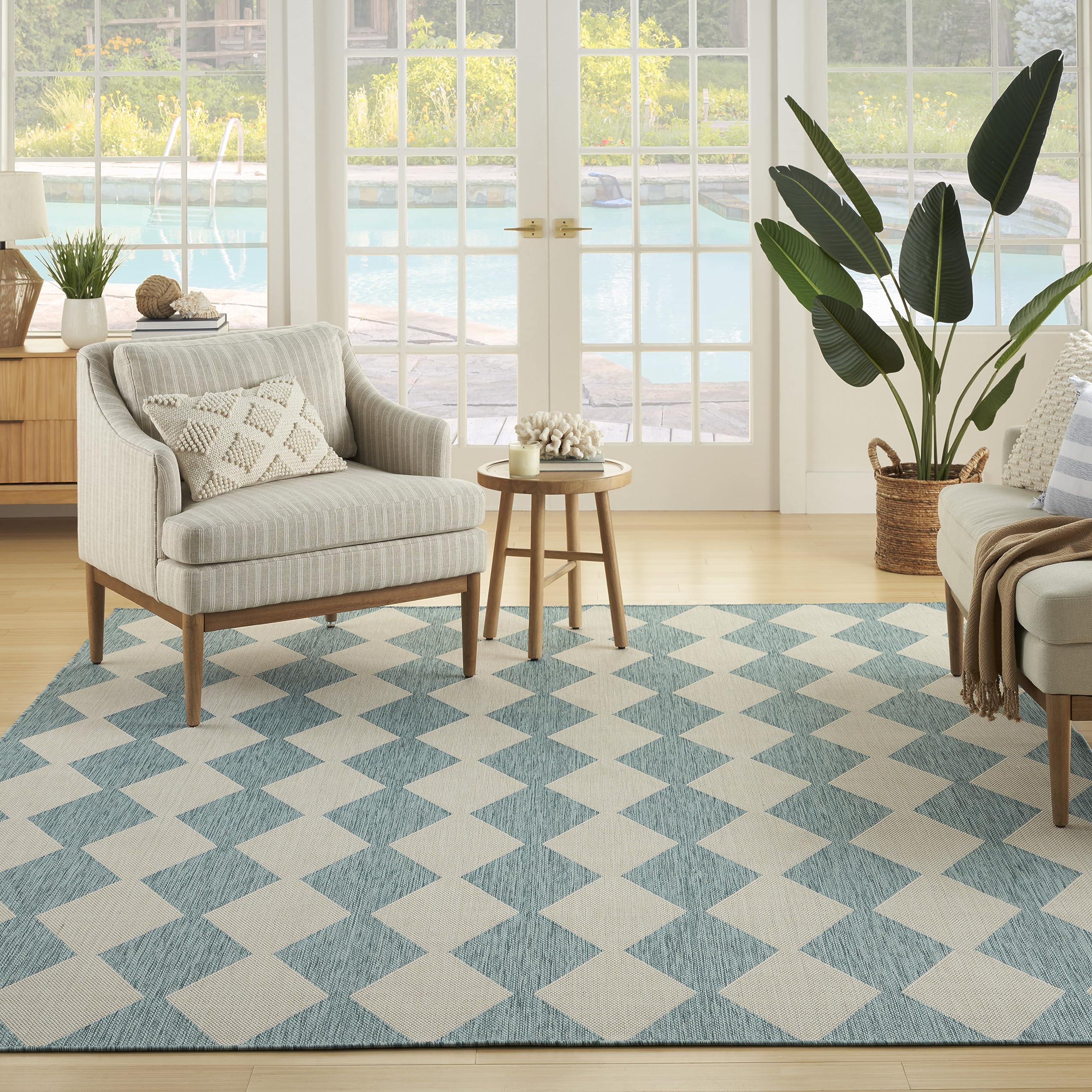 Nourison Positano Indoor/Outdoor Aqua 5' X 7' Area Rug, Easy Cleaning, Non Shedding, Bed Room, Living Room, Dining Room, Backyard, Deck, Patio (5X7)