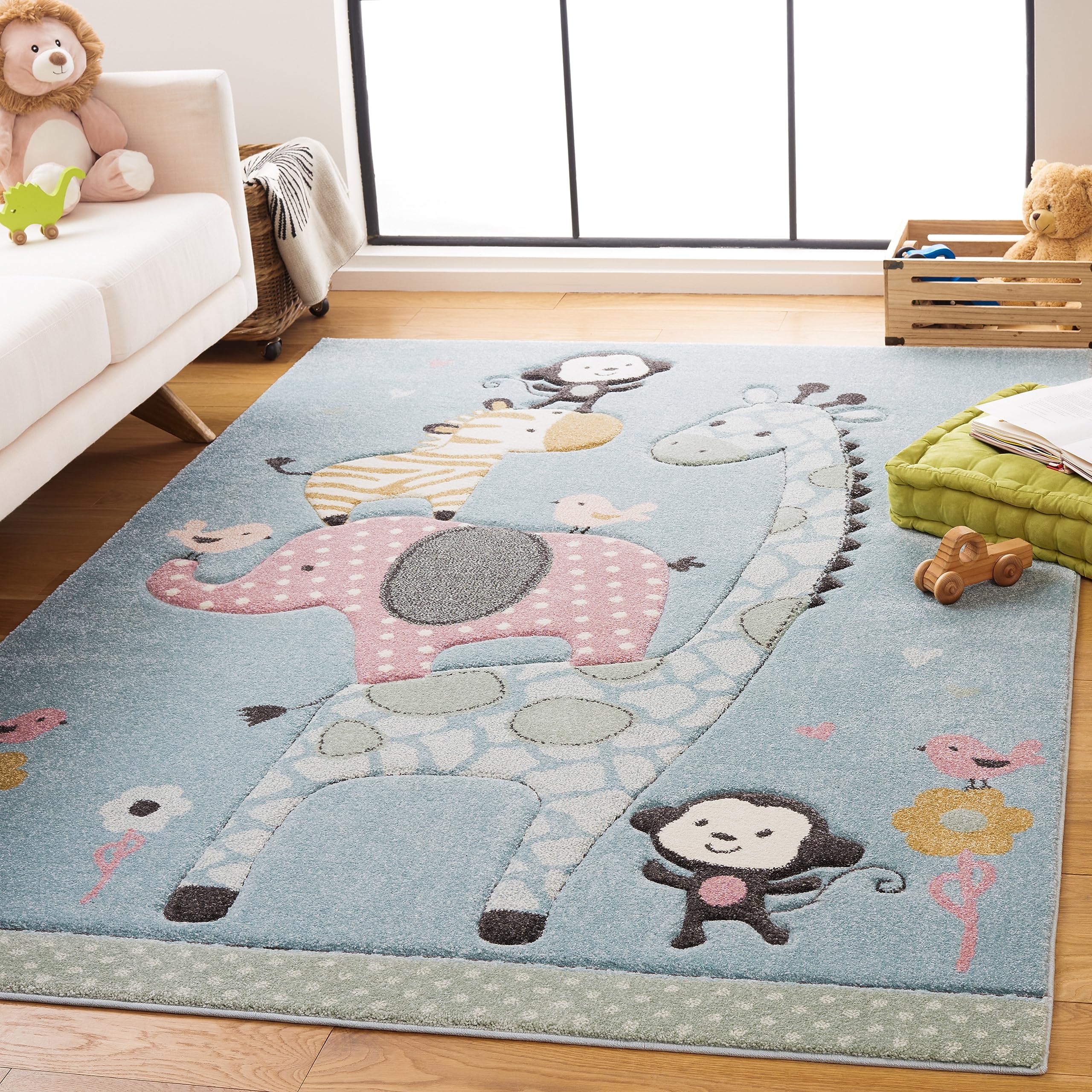 SAFAVIEH Carousel Kids Collection Area Rug - 53 Square, Blue, Animal Design, Ideal for High Traffic Area for Boys & Girls in Pl
