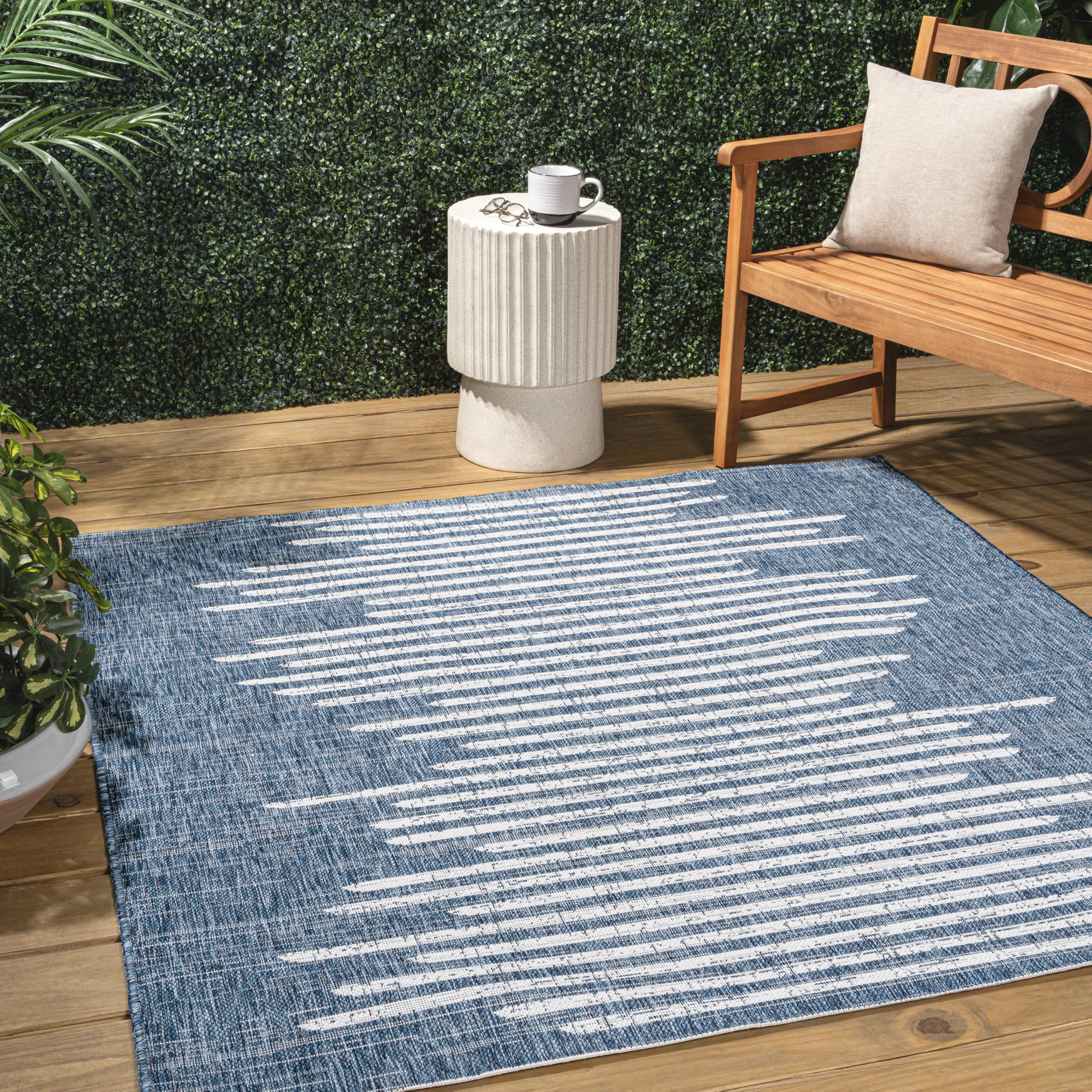 Jonathan Y Smb124C-9Sq Zolak Berber Stripe Geometric Blue/Ivory 9' Square Indoor/Outdoor Area Rug, Pet Friendly, Non-Shedding, S