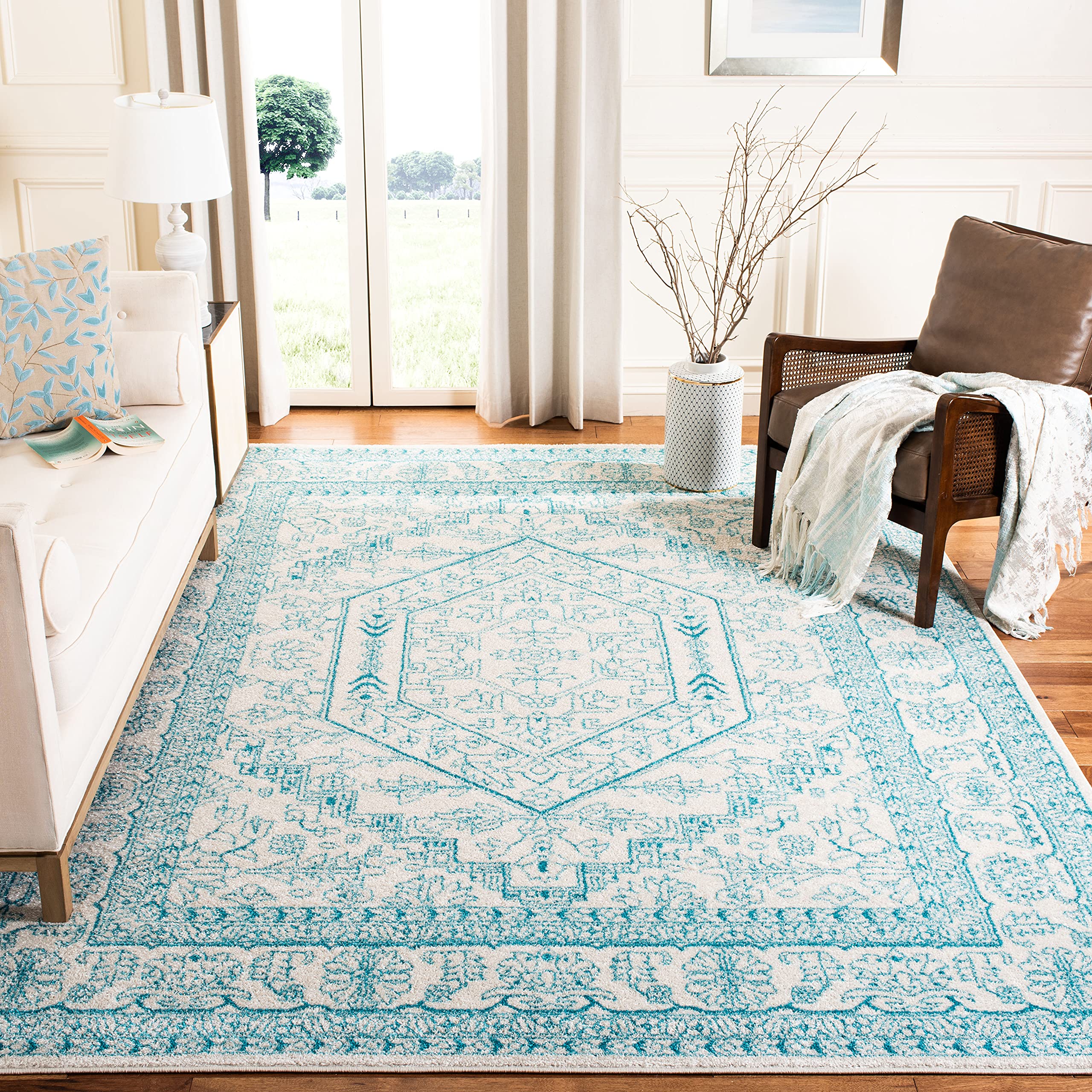 SAFAVIEH Adirondack Collection Area Rug - 8 x 10, Ivory & Teal, Oriental Medallion Design, Non-Shedding & Easy Care, Ideal for