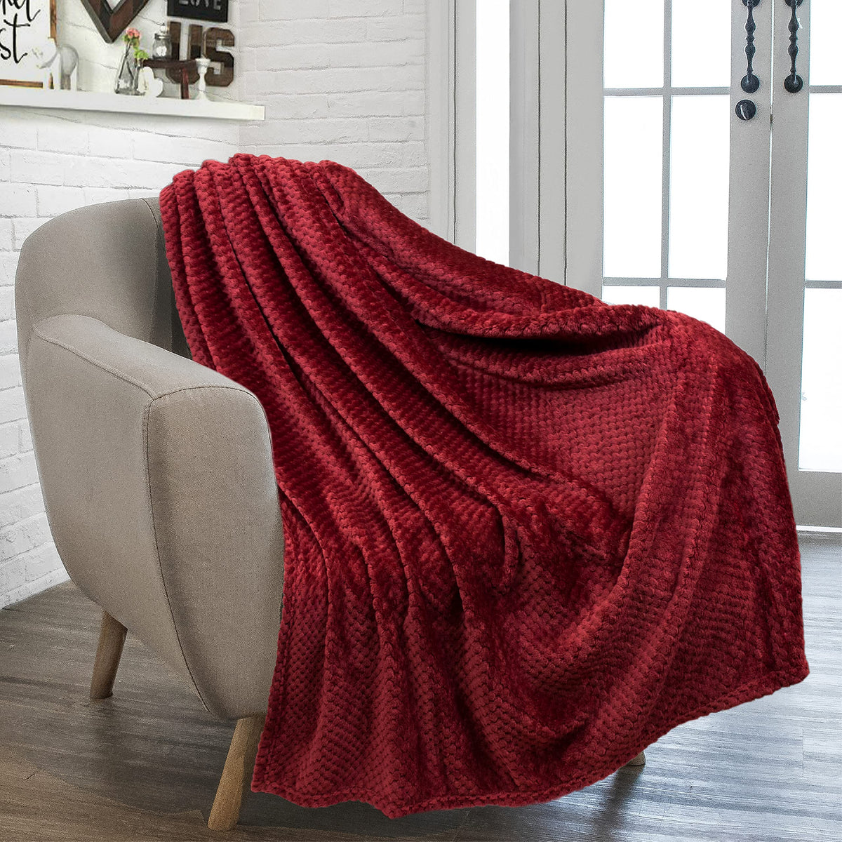 Pavilia Waffle Textured Fleece Throw Blanket For Couch Sofa, Wine Maroon | Soft Plush Velvet Flannel Blanket For Living Room | F