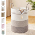 72L Large Tall Cotton Rope Laundry Basket with Handles, Brown Striped