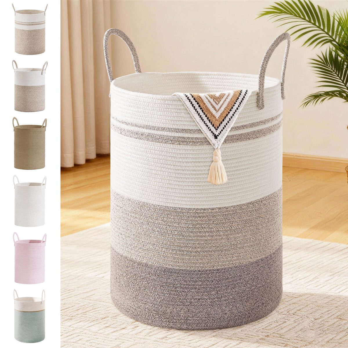 72L Large Tall Cotton Rope Laundry Basket with Handles, Brown Striped