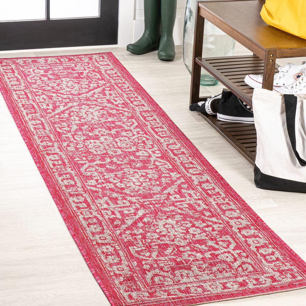 Jonathan Y Smb104E-28 Malta Bohemian Medallion Textured Weave Indoor Outdoor Area Rug, Coastal,Traditional,Transitional Easy Clean,Bedroom,Kitchen,Backyard,Patio, Non-Shed, Fuchsia/Light Gray, 2 X 8