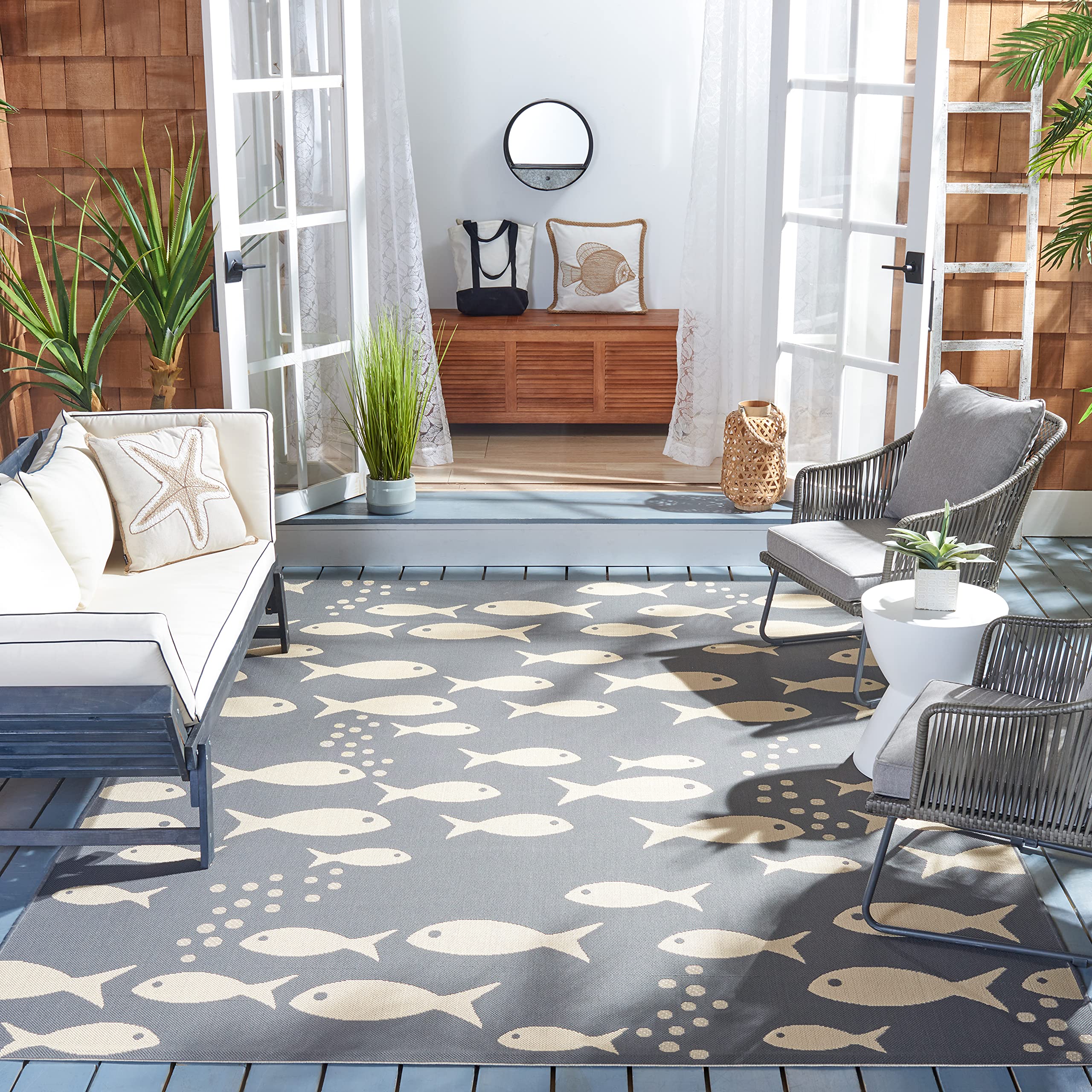 Safavieh Courtyard Collection 5'3' Square Dark Grey/Beige Cy6012 Indoor/Outdoor-Waterproof Easy-Cleaning Patio Backyard Mudroom