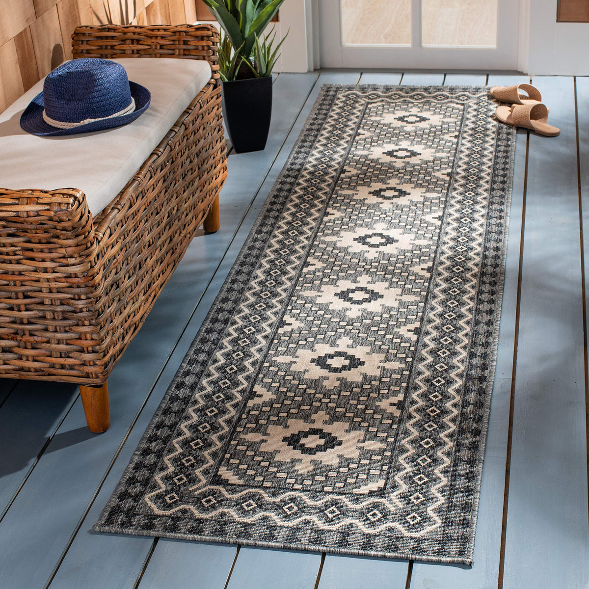 Safavieh Veranda Collection 2'3' X 12' Ivory/Charcoal Ver099 Boho Indoor/ Outdoor Non-Shedding Easy Scrubbing Patio Backyard Por
