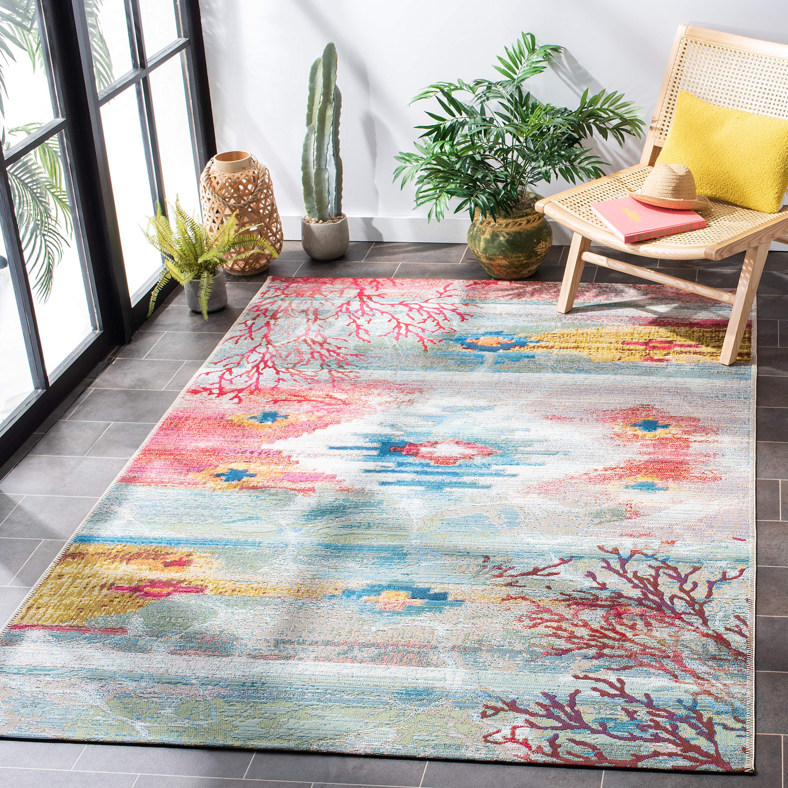 Safavieh Barbados Collection Accent Rug - 4' X 6', Light Blue & Pink, Tropical Abstract Design, Non-Shedding & Easy Care, Indoor