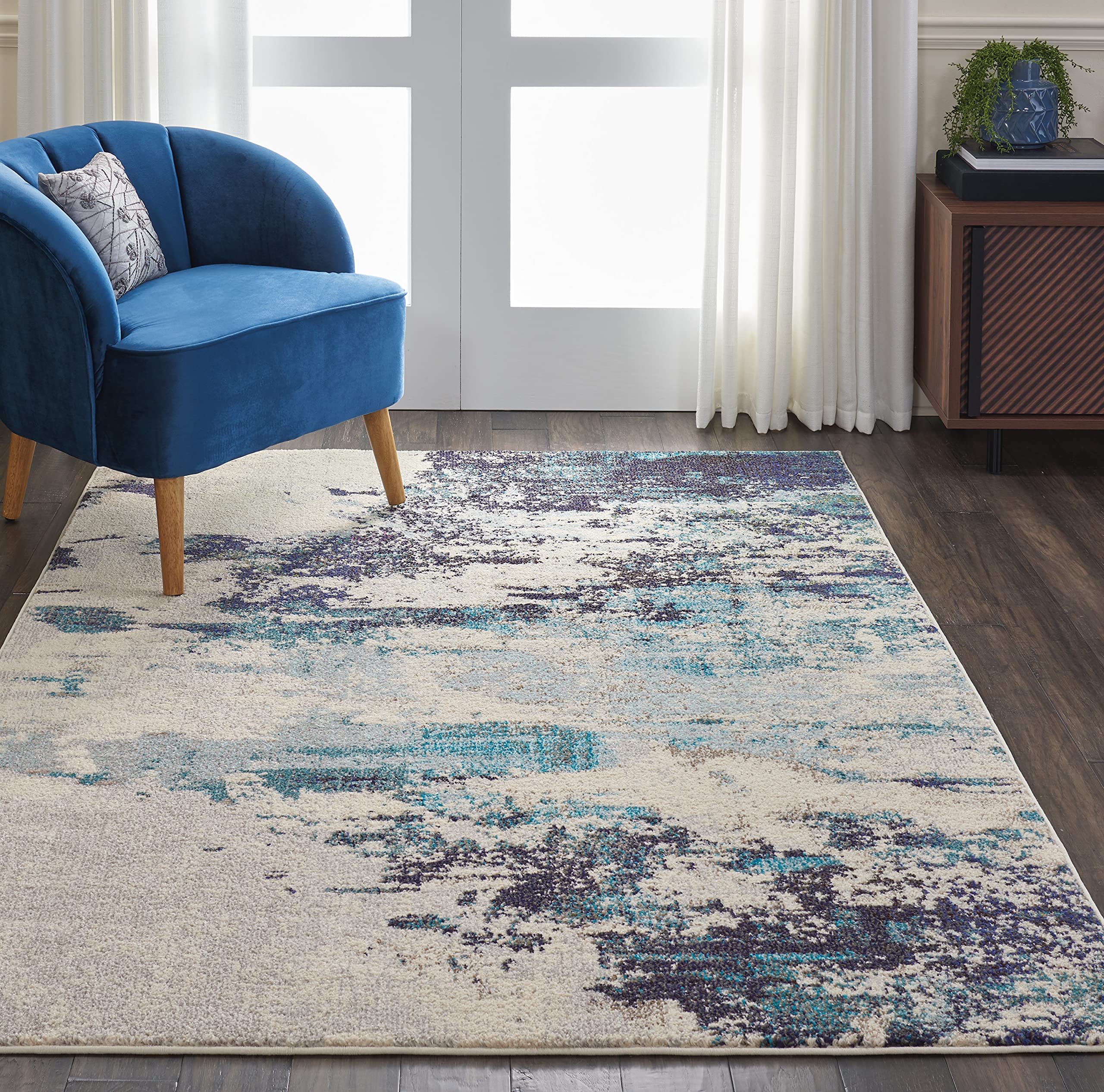 Nourison Celestial Modern Abstract Ivory/Teal Blue 53 x 73 Area-Rug, Easy-Cleaning, Non Shedding, Bed Room, Living Room, D