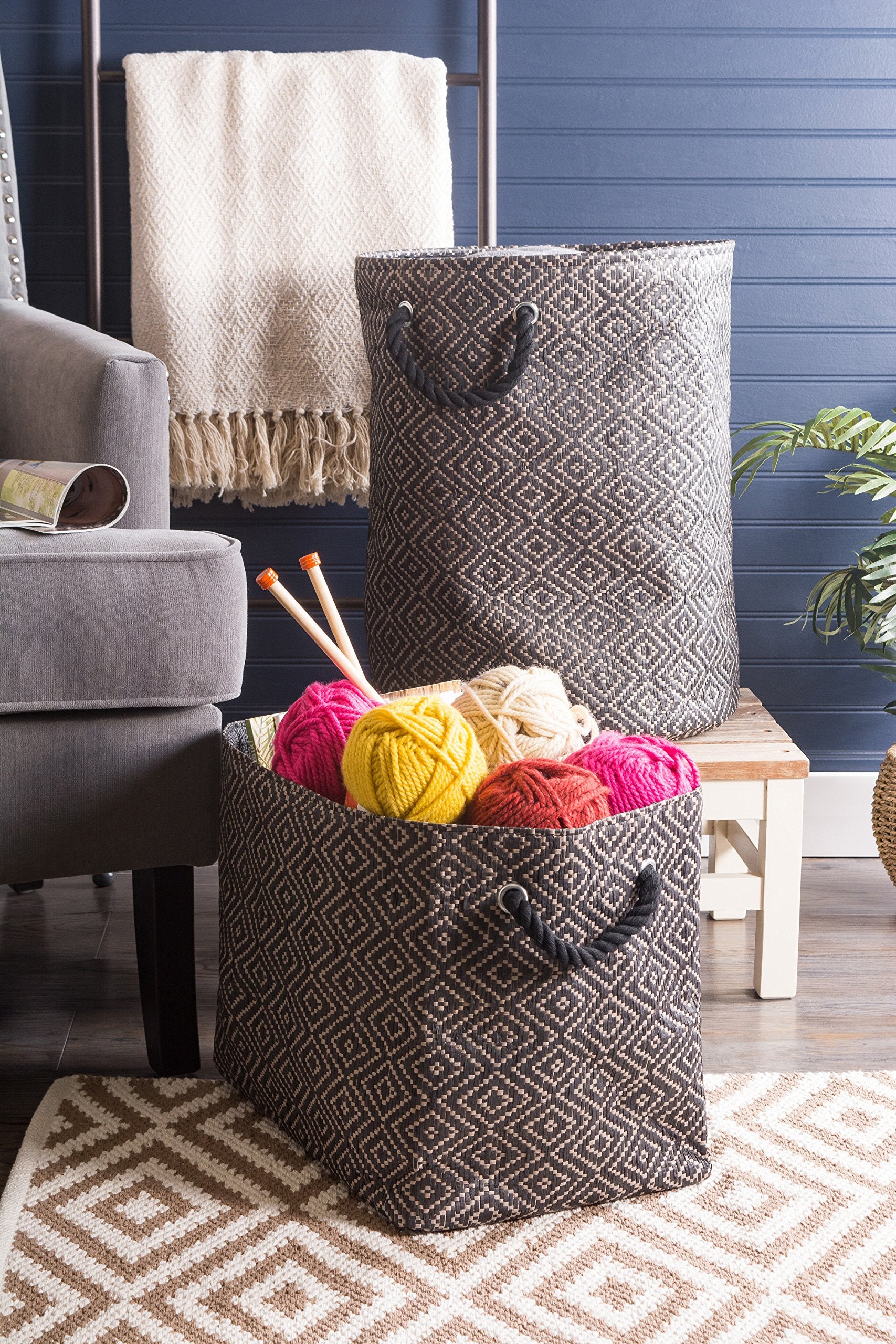 Dii Woven Paper Storage Bin, Diamond Basketweave, Black/White, Large