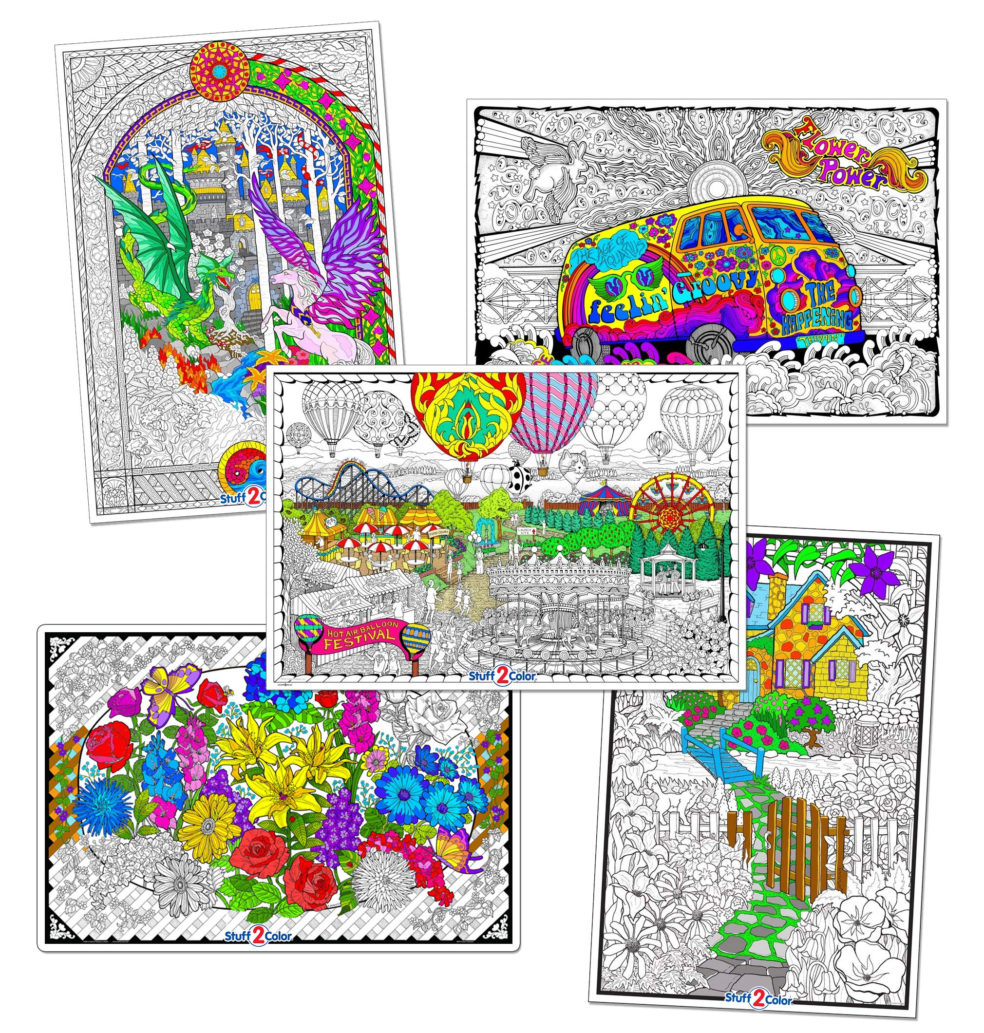 Stuff2Color Giant Coloring Poster 5 Pack - Big 32.5 x 22 Inch Line Art Coloring Posters - Great for Family Time, Kids, Classroom