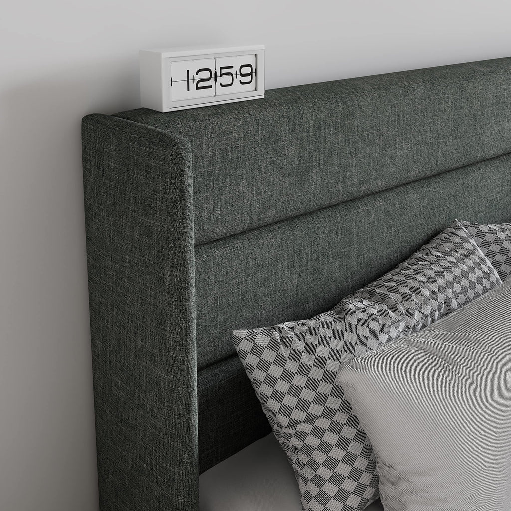 Sha Cerlin King Size Lift Up Storage Bed/Modern Wingback Headboard/Upholstered Platform Bed Frame/Hydraulic Storage/No Box Spring Needed/Wood Slats Support/Dark Grey