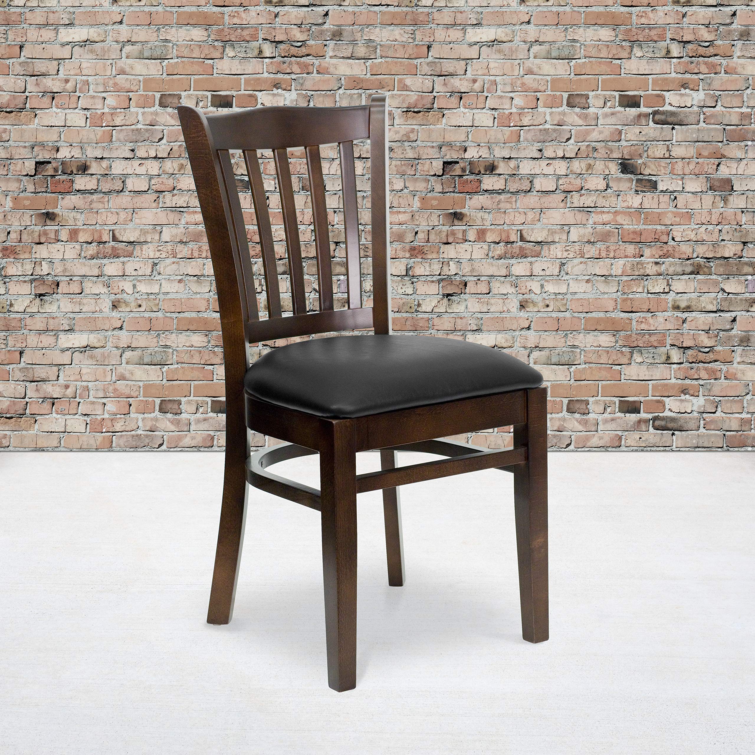 2 Pk. Walnut Finished Vertical Slat Back Wooden Chair - Black Vinyl Seat