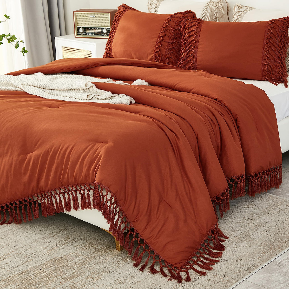 Andency Burnt Orange Comforter Set California King, 3 Pieces Boho Cal King Tassel Lightweight Soft Bedding Comforter Sets, Overs