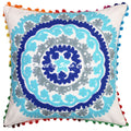 Stylo Culture Rajasthani Floral Cushion Cover 17X17 Inches White Embroidered Suzani Work With Pompom Lace Cotton Square Decorati