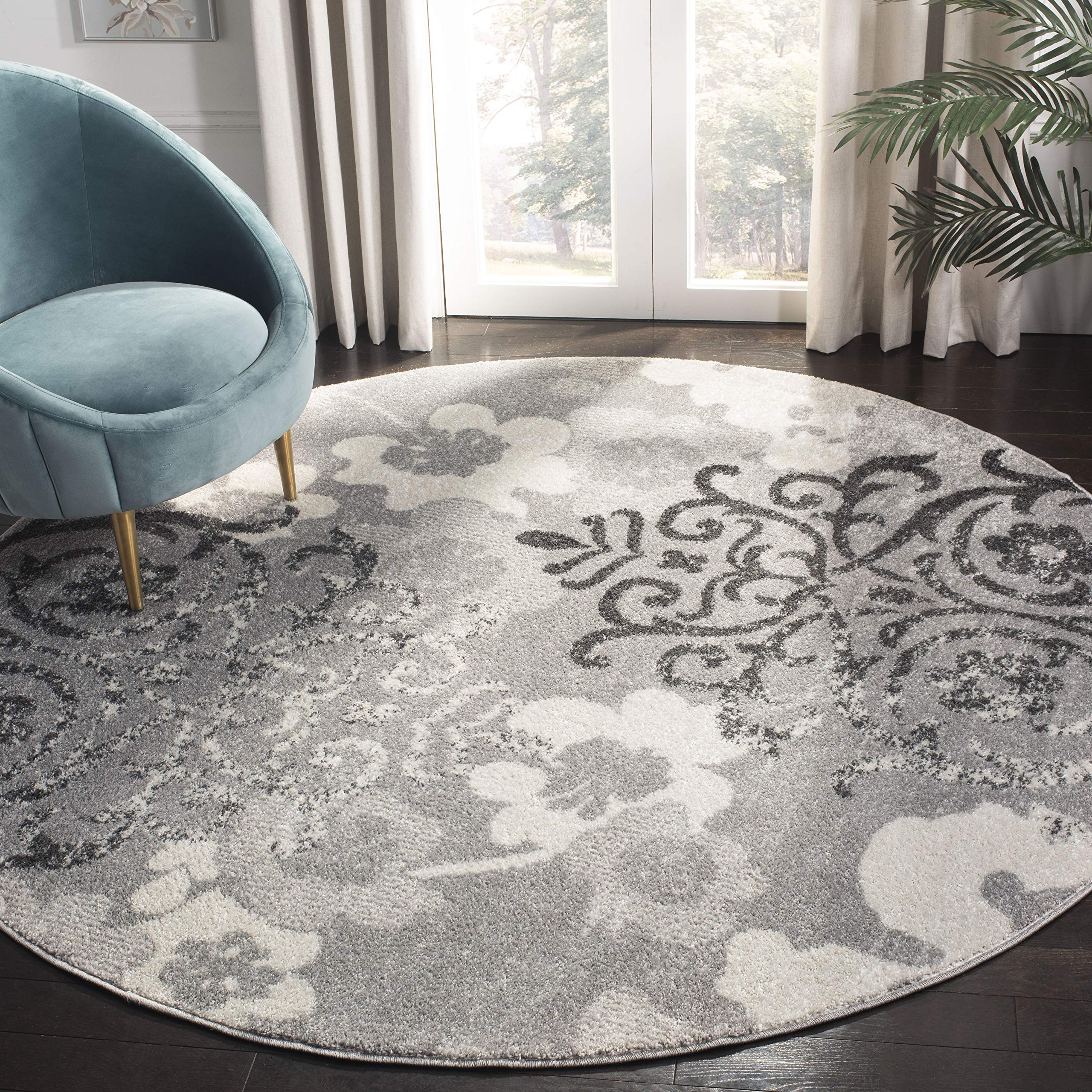 SAFAVIEH Adirondack Collection 3 Round Silver/Ivory ADR114B Floral Glam Damask Distressed Non-Shedding Living Room Dining Bedro