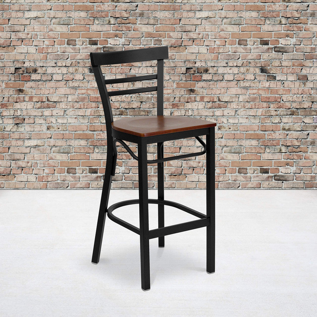 Flash Furniture HERCULES Series Black Two-Slat Ladder Back Metal Restaurant Barstool - Cherry Wood Seat