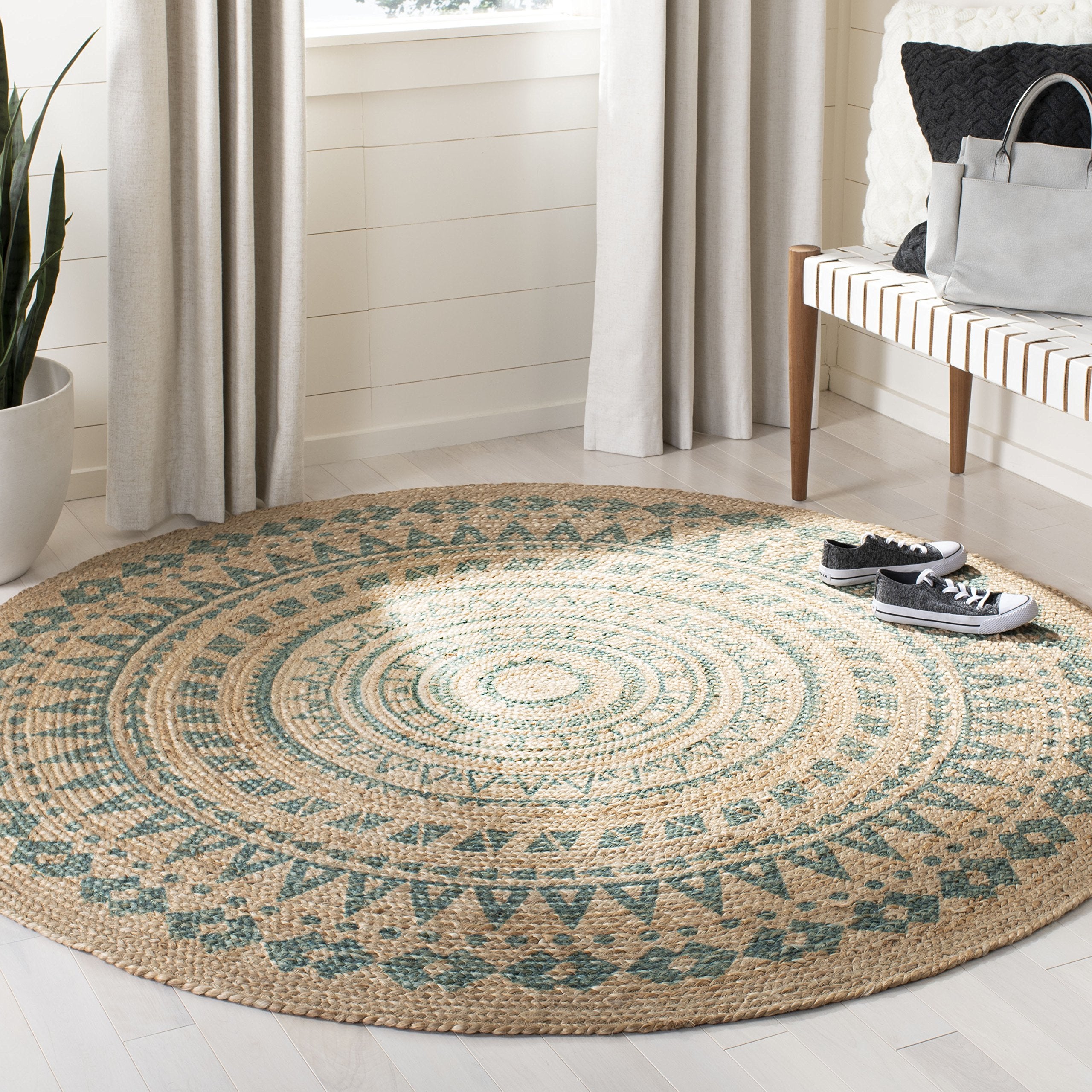 SAFAVIEH Natural Fiber Collection Area Rug - 8 Round, Aqua & Natural, Handmade Boho Mandala Braided Jute, Ideal for High Traffi