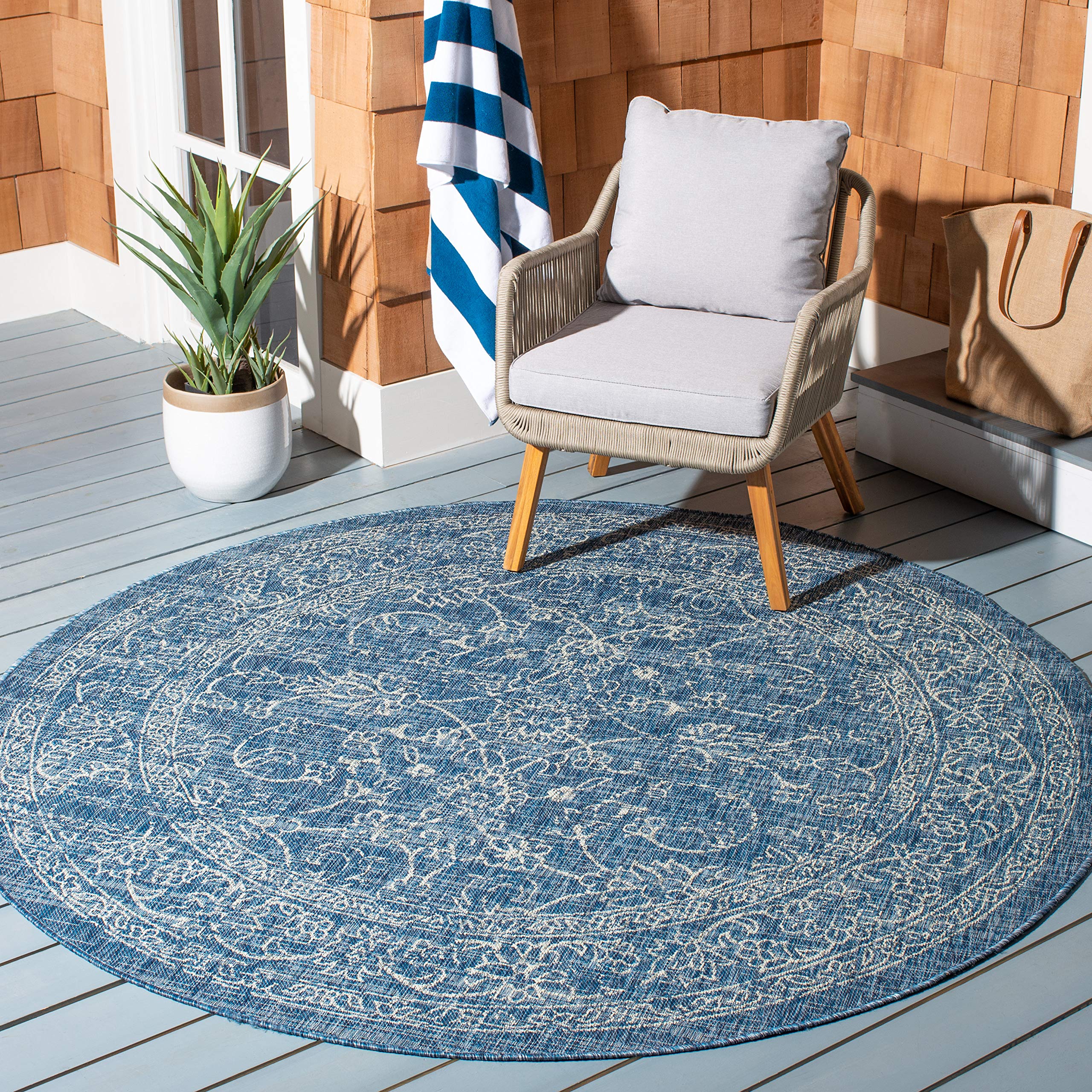Safavieh Courtyard Collection 6'7' Round Navy/Ivory Cy8680 Indoor-Outdoor Waterproof Easy-Cleaning Patio Backyard Mudroom Area-