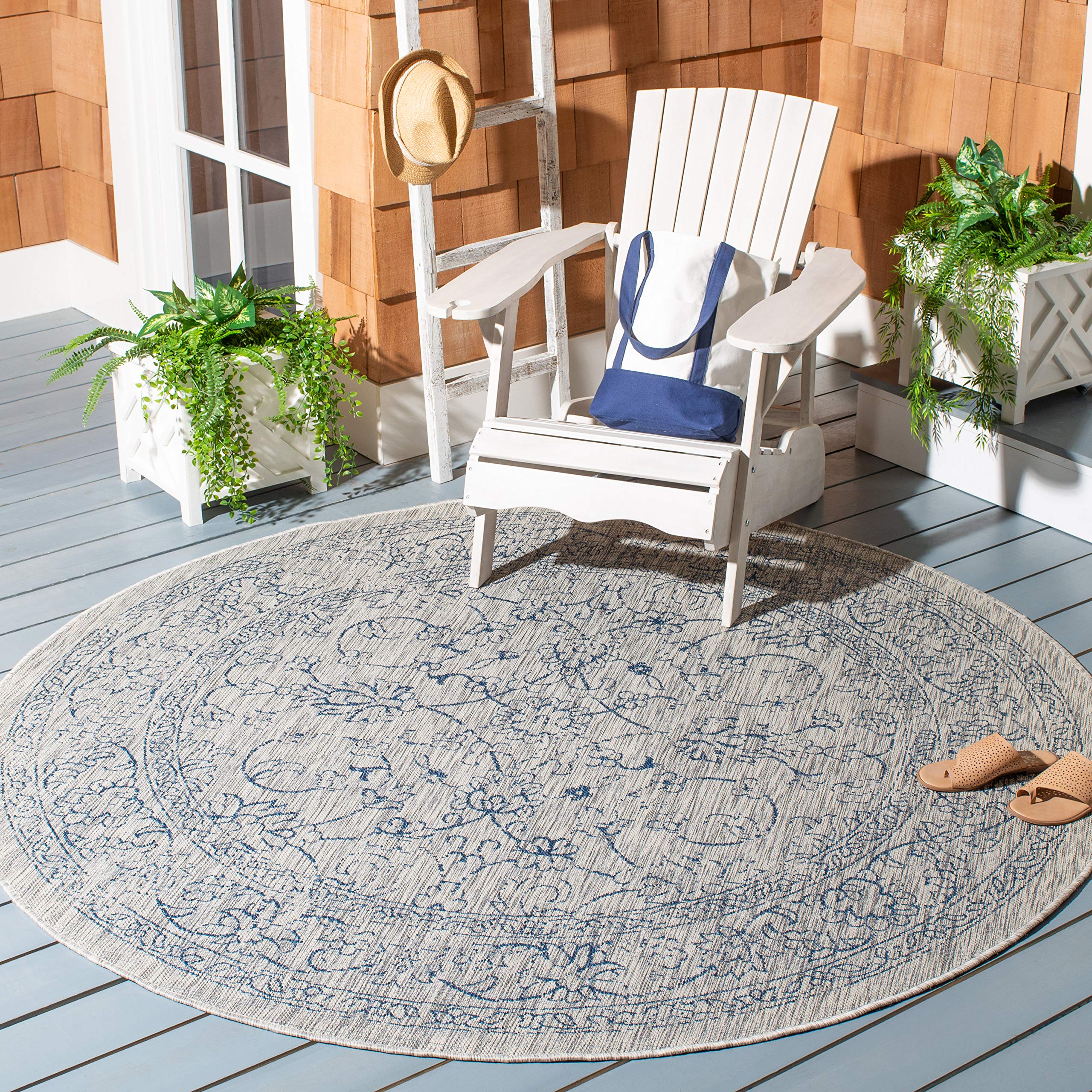 Safavieh Courtyard Collection Area Rug - 7'1 Round, Grey & Navy, Non-Shedding & Easy Care, Indoor/Outdoor & Washable-Ideal For Patio, Backyard, Mudroom (Cy8680-36812)