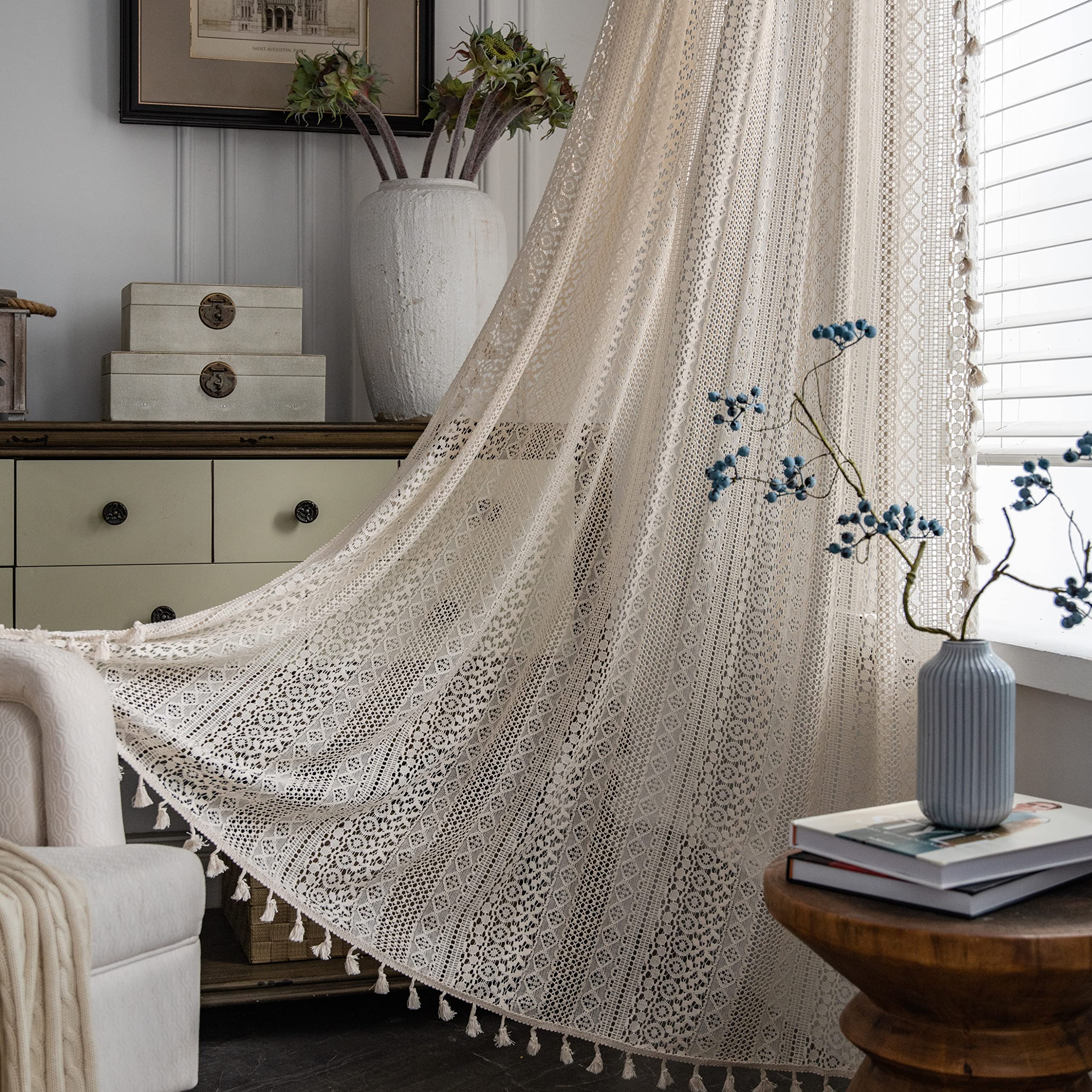 Sutuo Home Beige Boho Curtains Crochet Lace Semi-Sheer Bohemian Hollow Knitted Handmade Tassels, Rod Pocket Window Treatment Vin