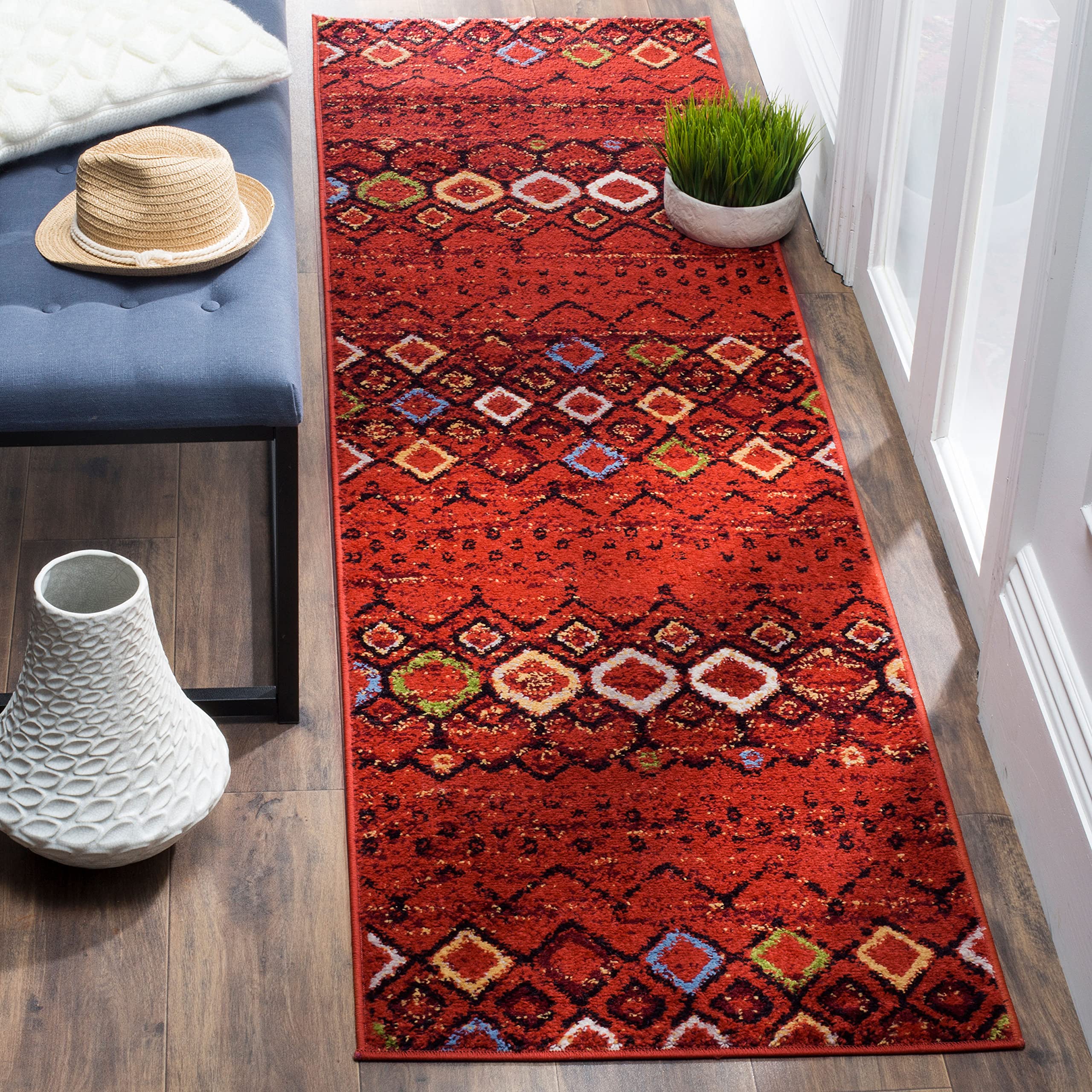 SAFAVIEH Amsterdam Collection Runner Rug - 23 x 20, Terracotta & Multi, Moroccan Boho Design, Non-Shedding & Easy Care, Ideal 