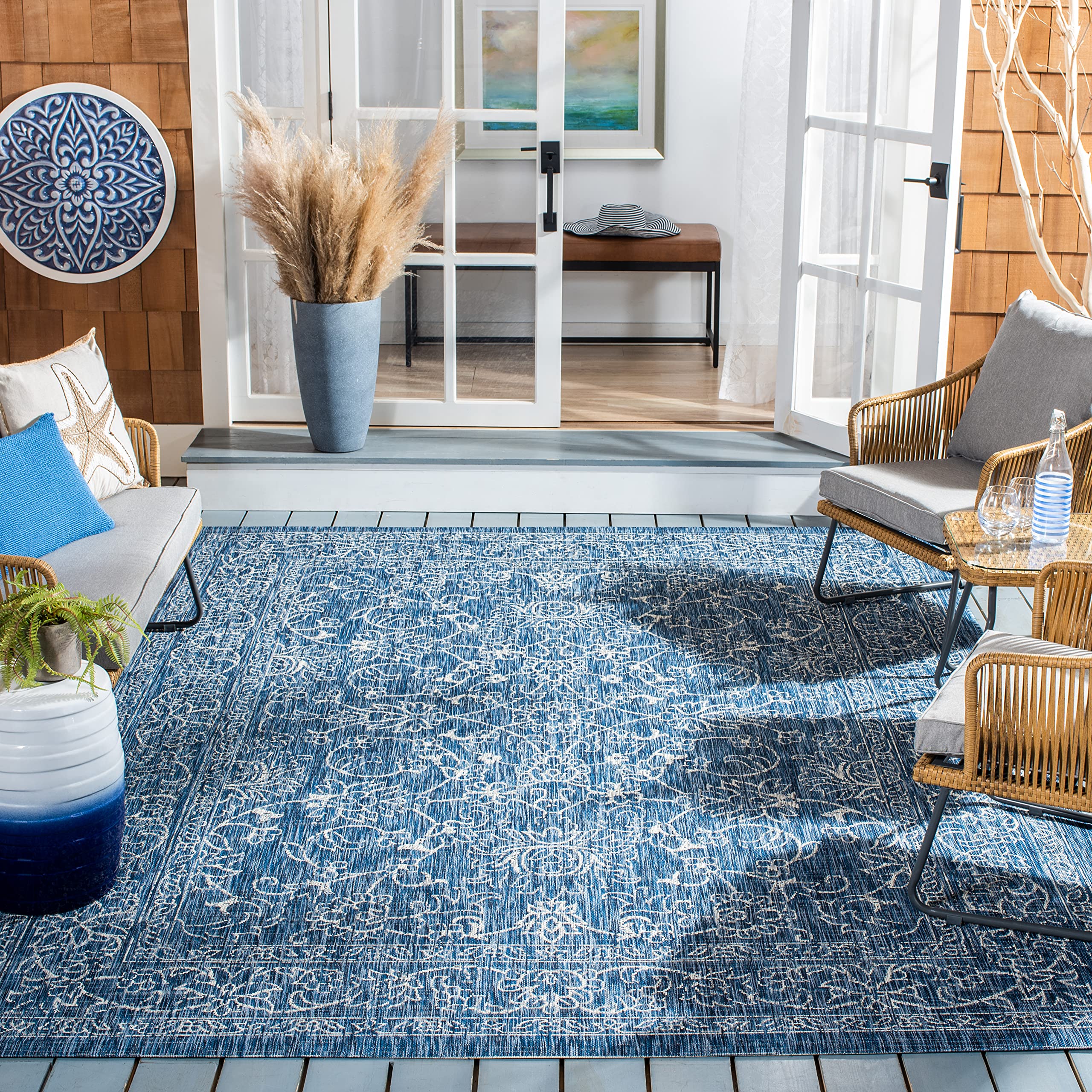 Safavieh Courtyard Collection 6'7' X 9'6' Navy/Ivory Cy8680 Indoor/ Outdoor Patio Backyard Mudroom Area Rug