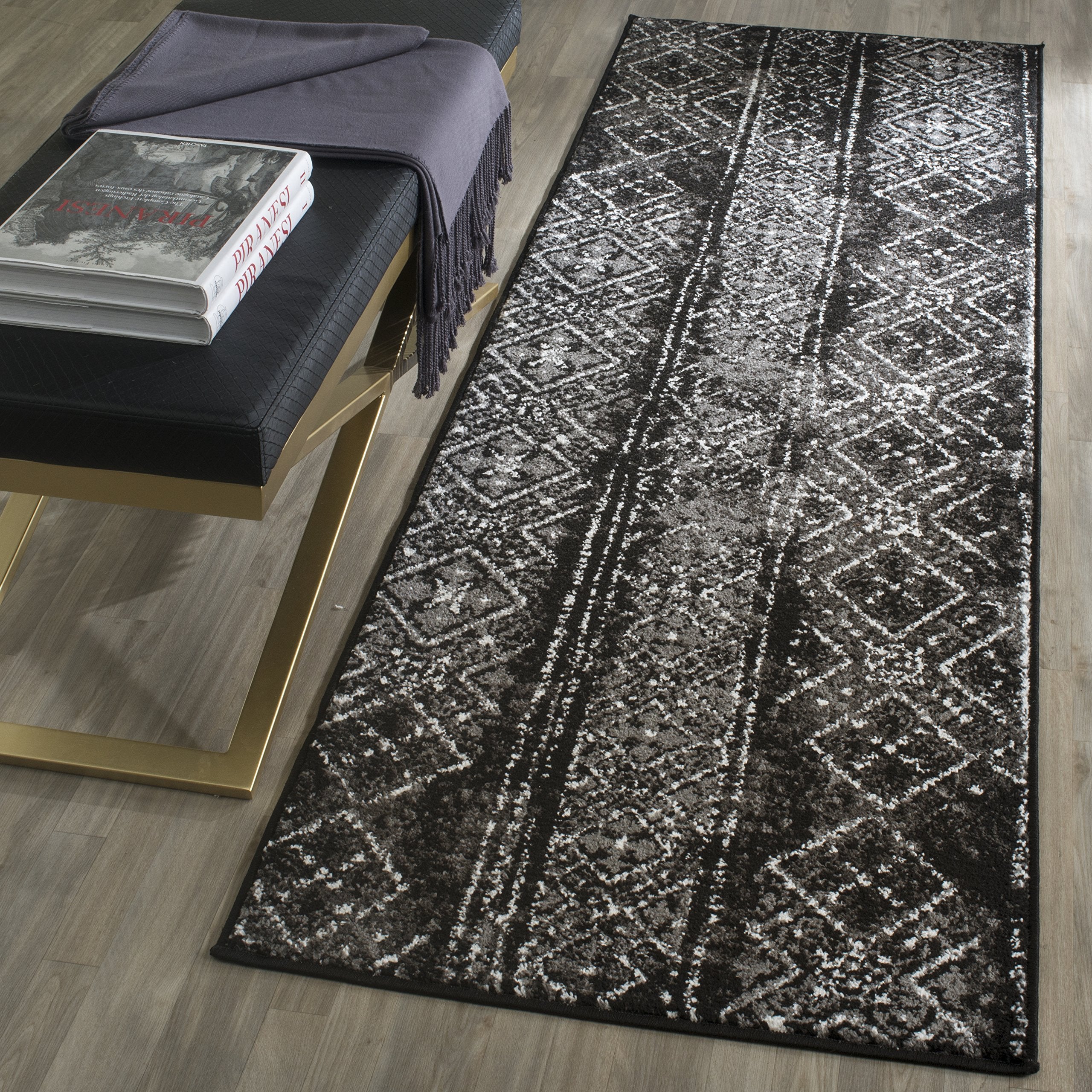 SAFAVIEH Adirondack Collection Runner Rug - 26 x 20, Black & Silver, Moroccan Boho Distressed Design, Non-Shedding & Easy Care