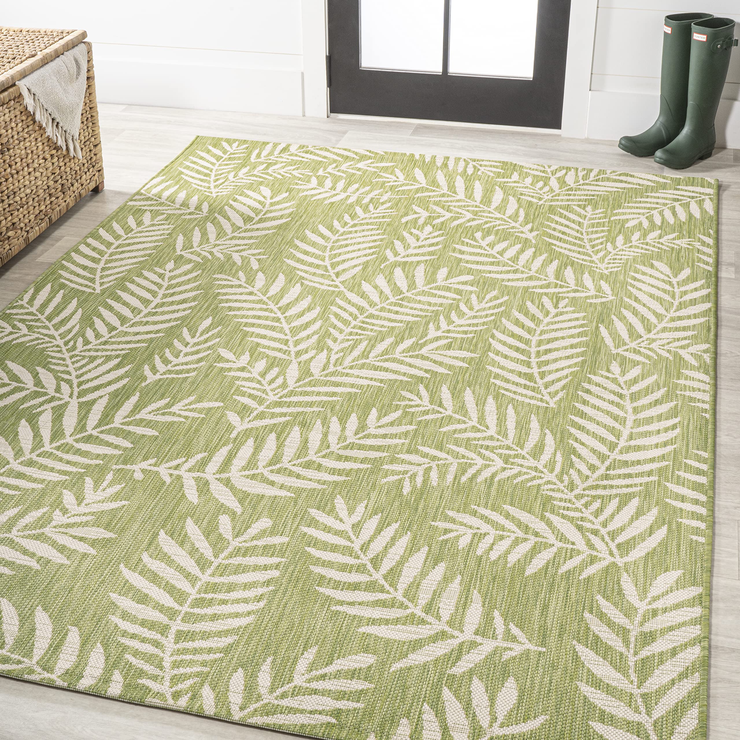 Jonathan Y Smb119D-4 Nevis Palm Frond Indoor Outdoor Area Rug, Coastal, Casual, Country Easy Cleaning,Bedroom,Kitchen,Backyard,Patio,Non Shedding, Green/Cream, 4 X 6