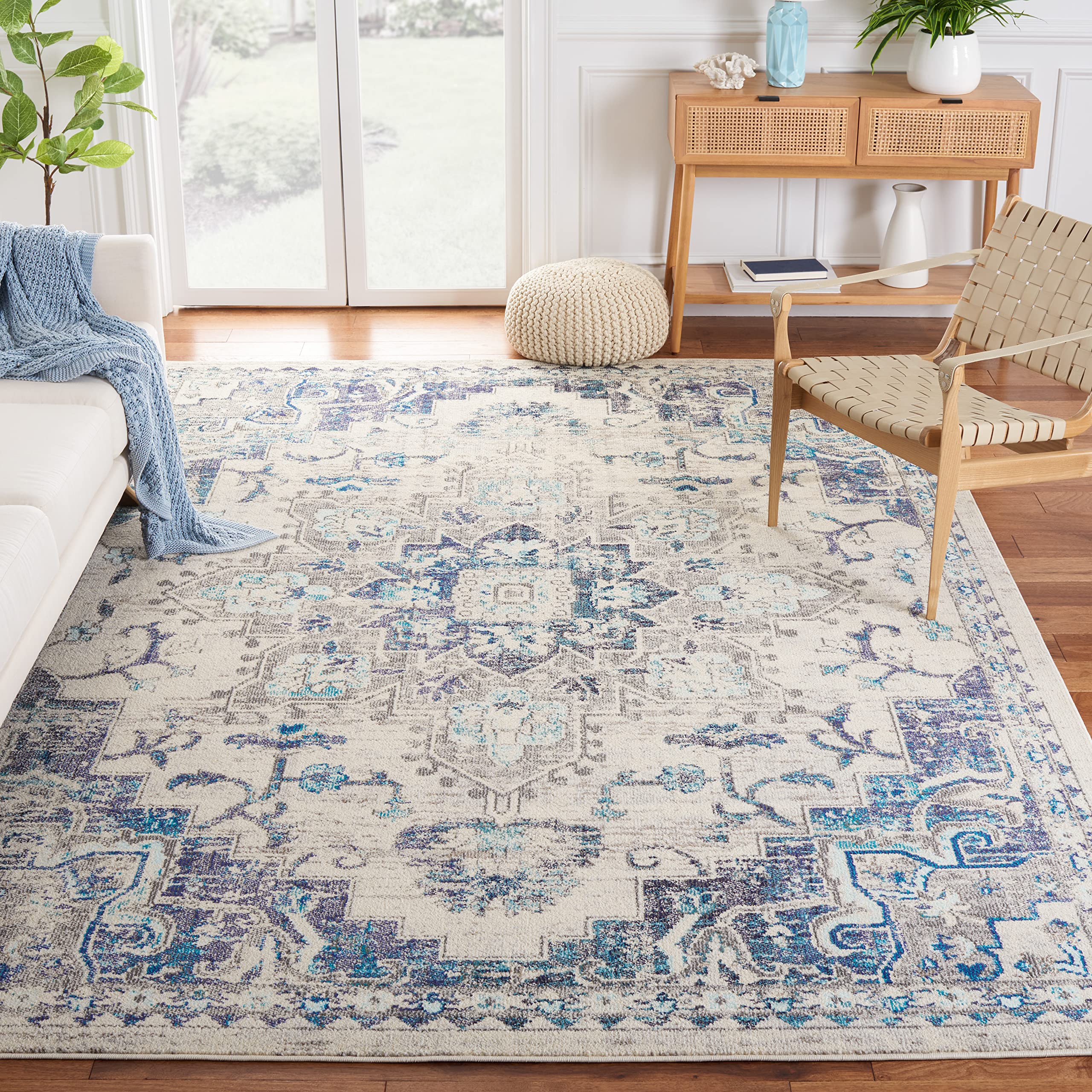 SAFAVIEH Madison Collection Area Rug - 9 x 12, Ivory & Grey, Boho Chic Medallion Distressed Design, Non-Shedding & Easy Care, 