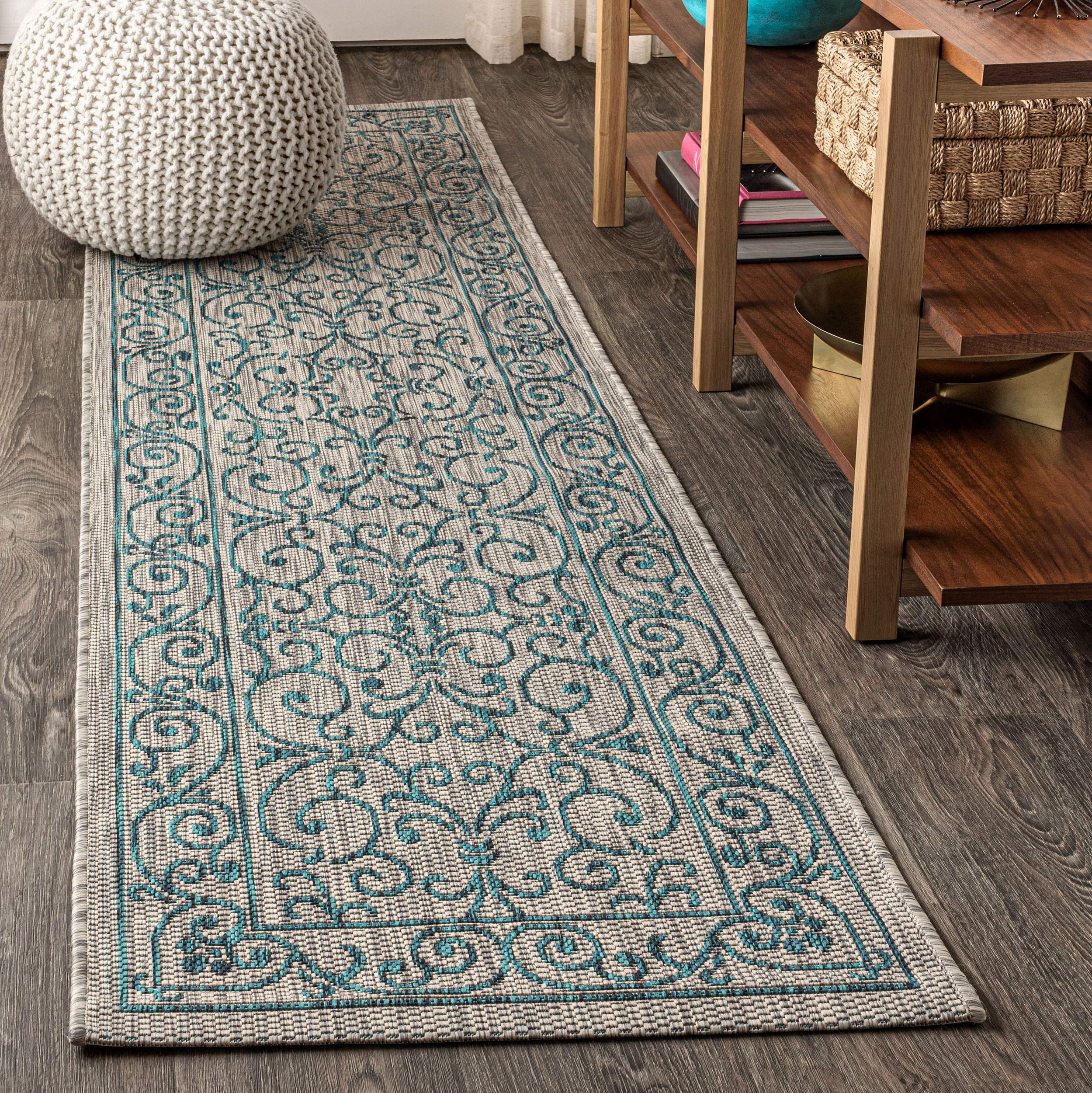 Jonathan Y Smb106E-28 Charleston Vintage Filigree Textured Weave Indoor Outdoor-Rug Livingroom Backyard,2 X 8,Gray/Teal