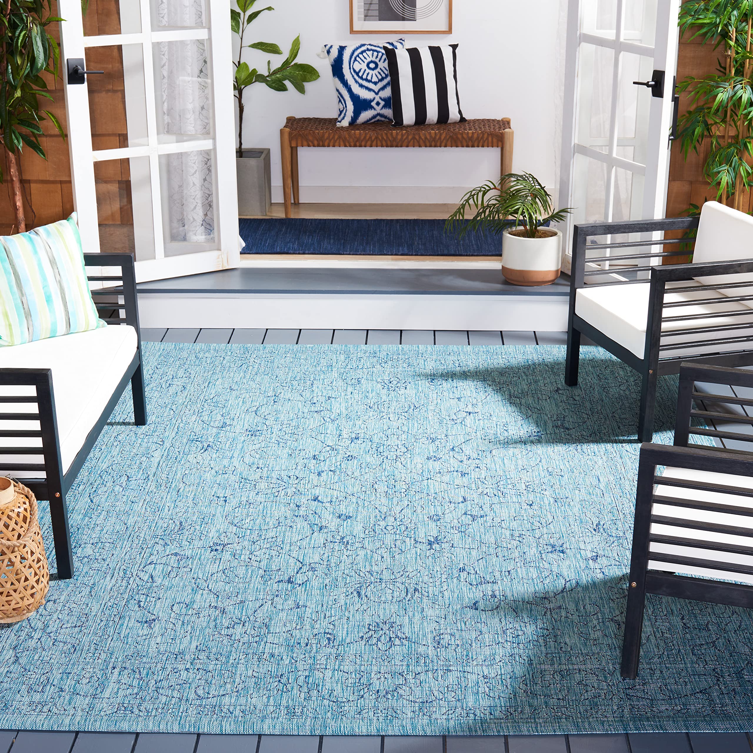 Safavieh Courtyard Collection 6'7' Square Aqua/Navy Cy8680 Indoor/ Outside Waterproof Easy Cleansingpatio Backyard Mudroom Area